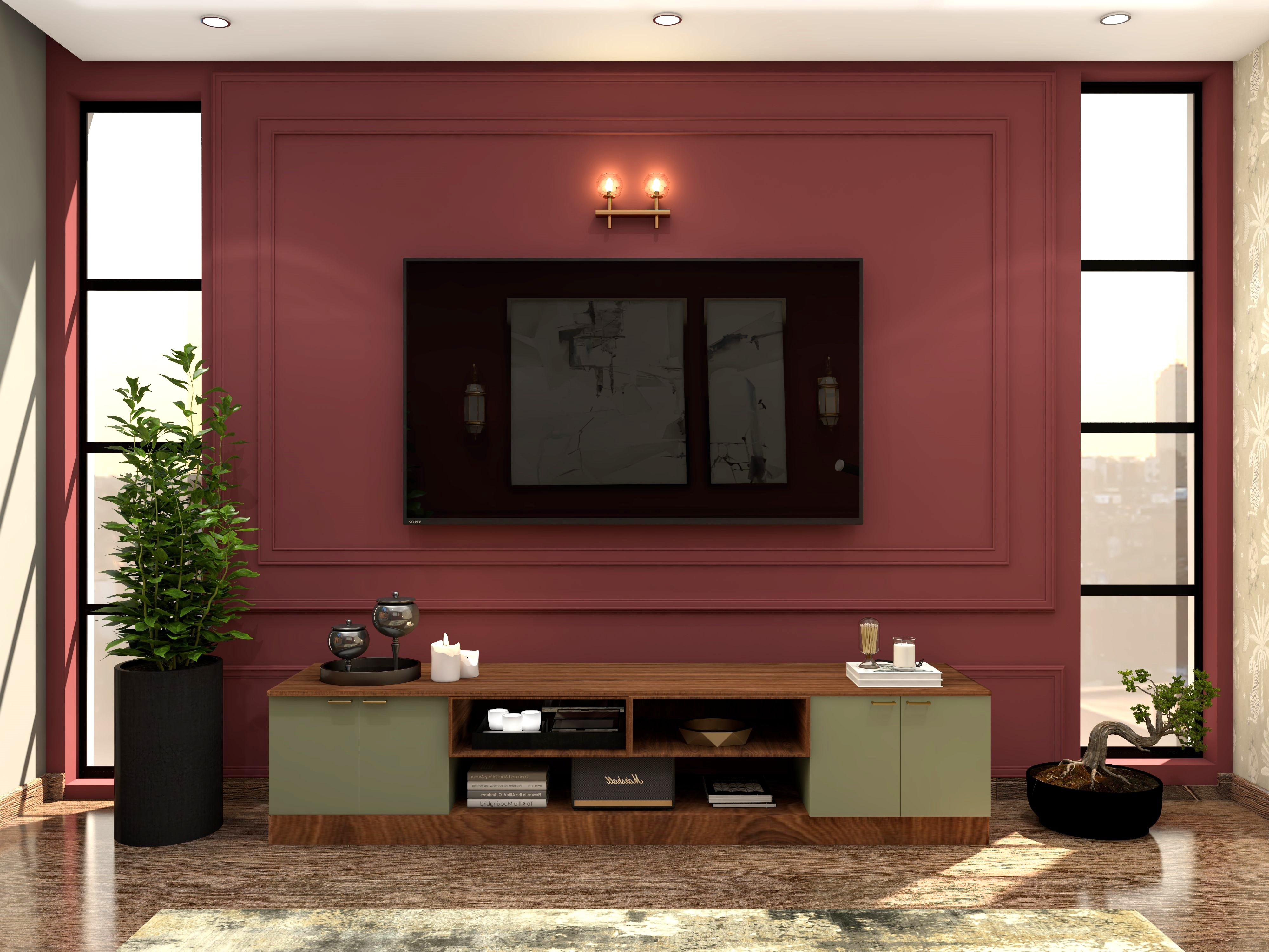 TV unit with maroon panelled wall and wooden console unit with green laminate-Beautiful Homes