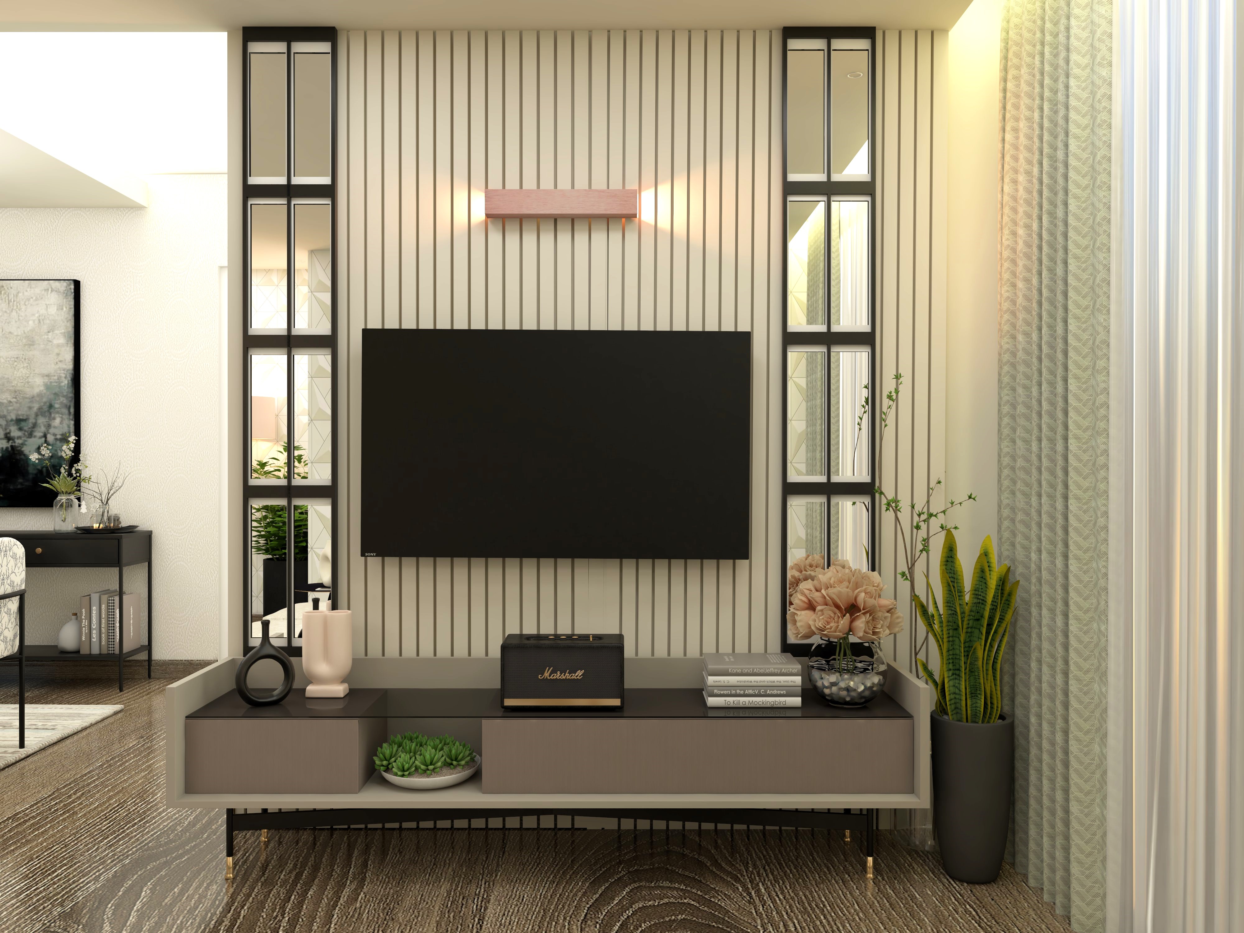 TV unit with rafter paneling and brown storage unit - Beautiful Homes