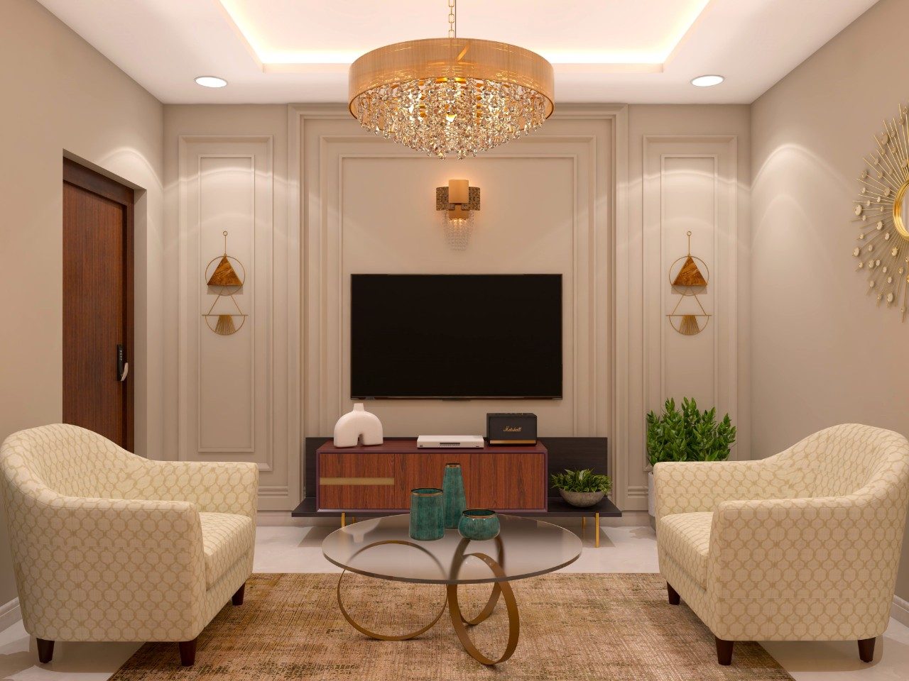 TV unit with white wall mouldings and wooden console-Beautiful Homes