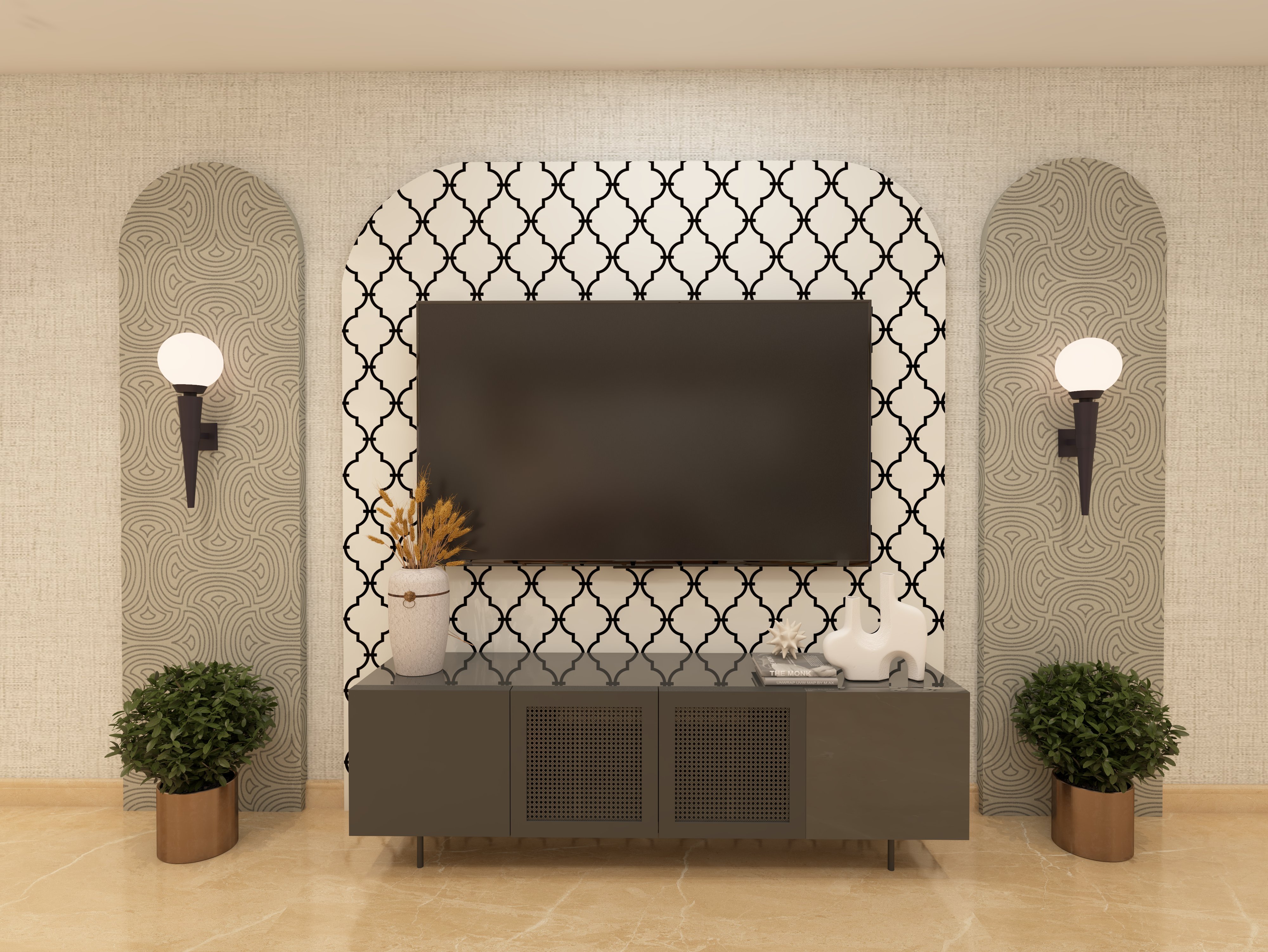 TV unit with wallpaper arched panels and dark brown console - Beautiful Homes