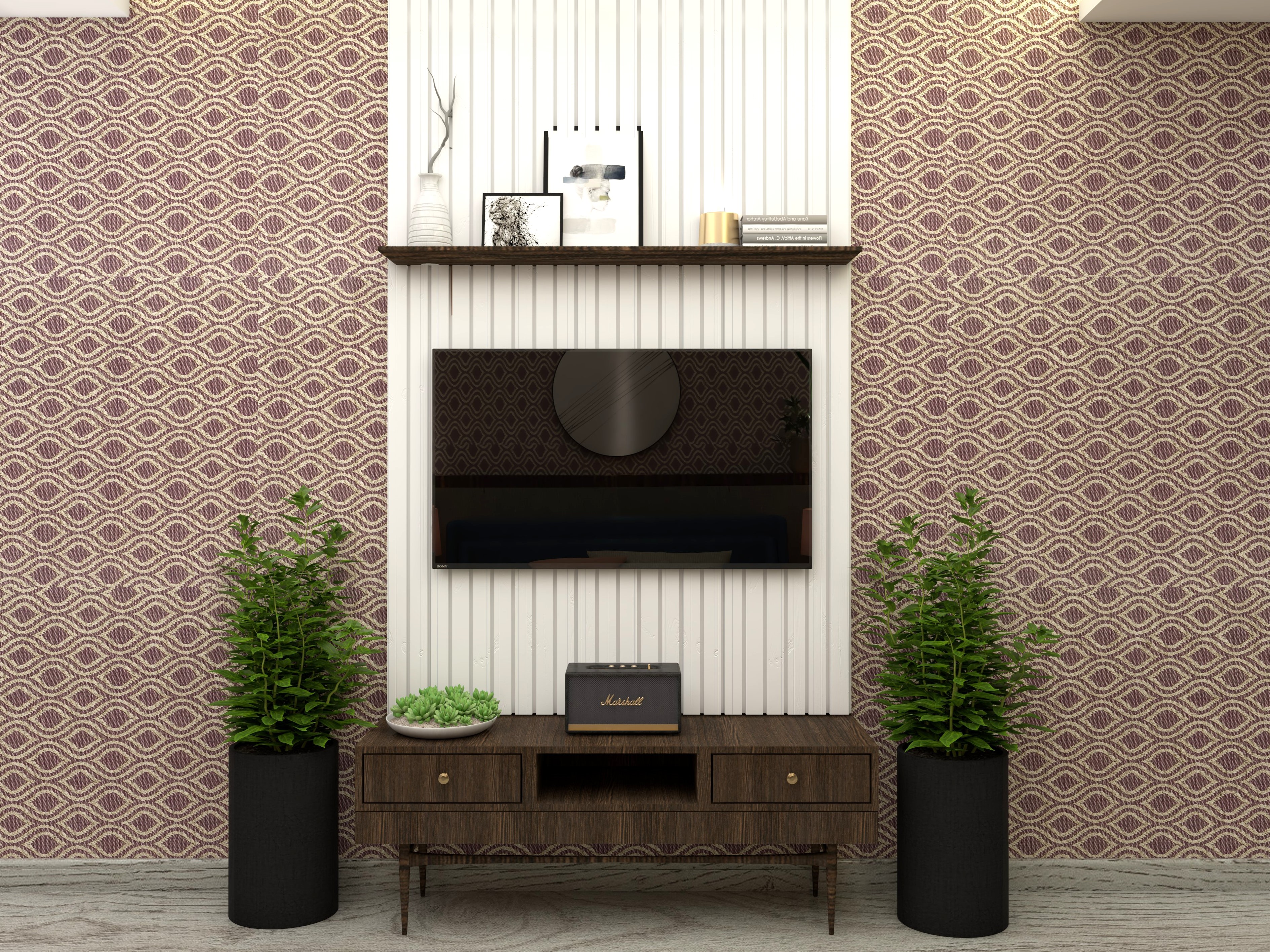 TV unit with white fluted panel and textured wallpaper - Beautiful Homes