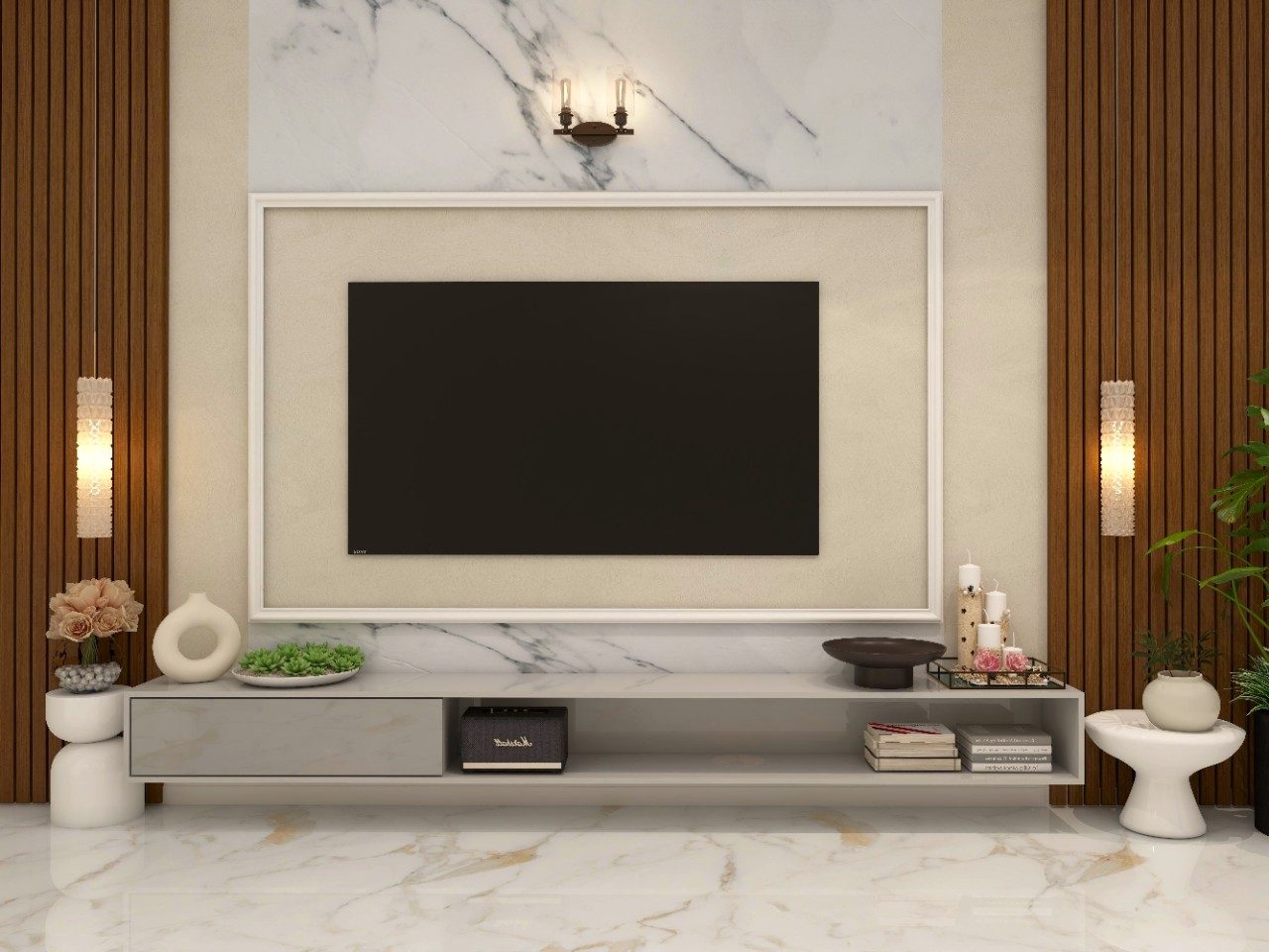 TV unit with white marble and wooden rafters on both sides-Beautiful Homes