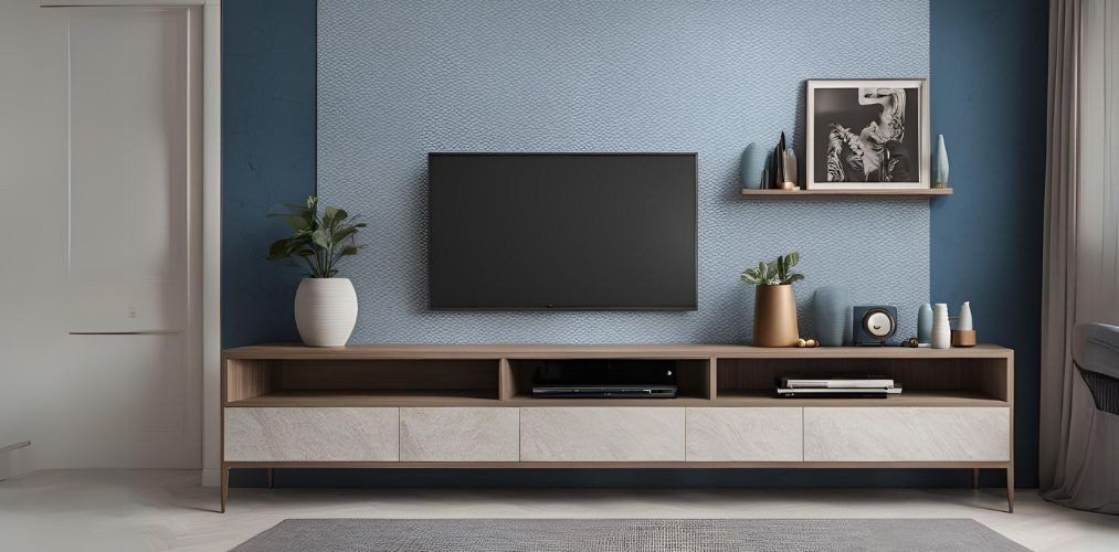 TV unit with wooden console and blue textured wallpaper - Beautiful Homes