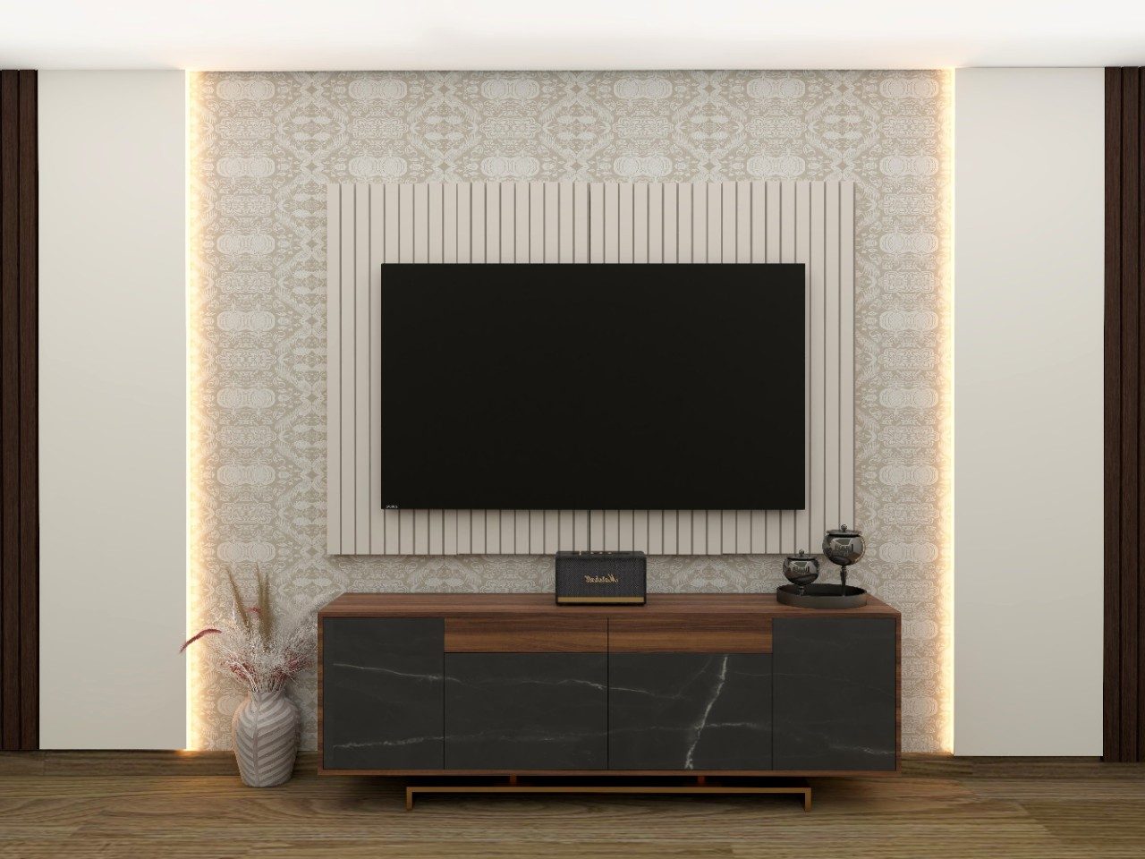 TV unit with wooden console and wallpaper with golden accents-Beautiful Homes