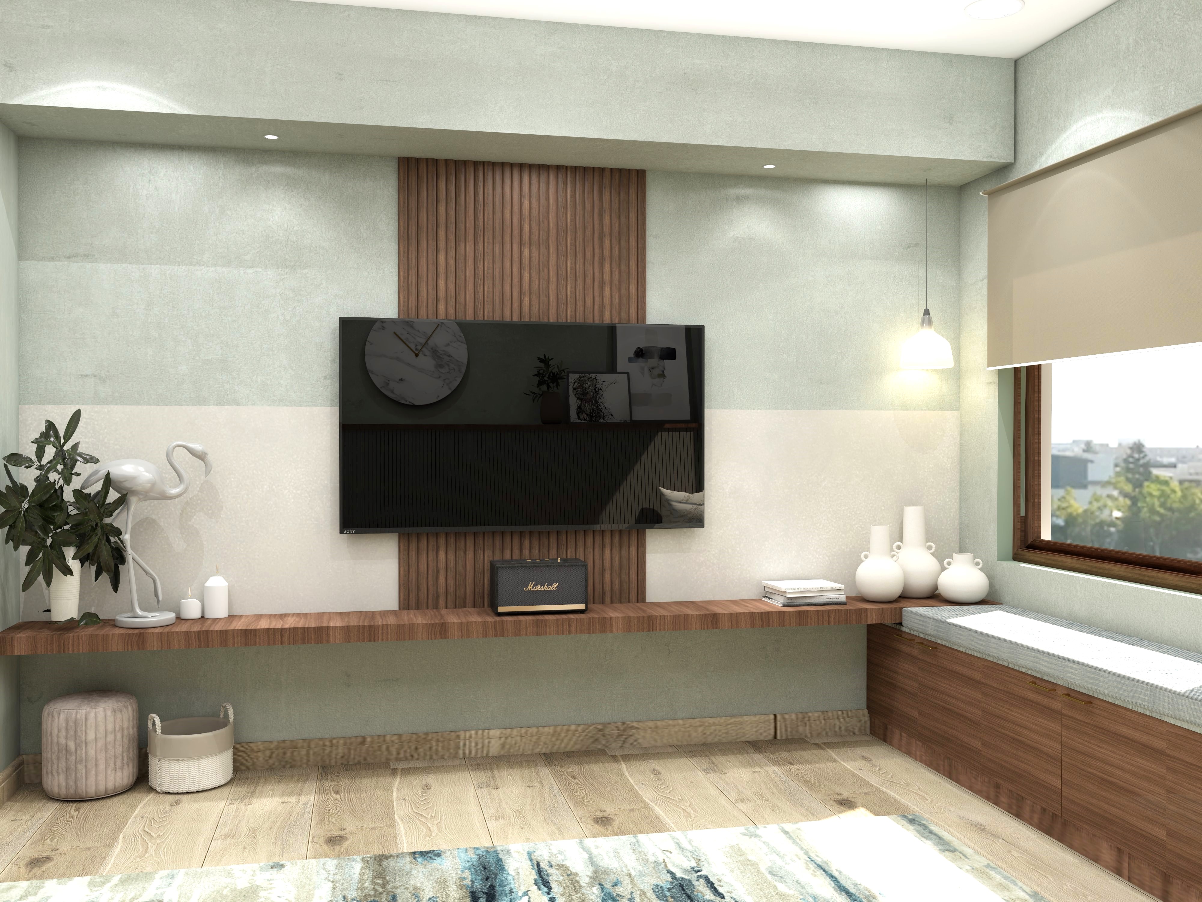 TV unit with wooden fluted paneling and floating console table-Beautiful Homes