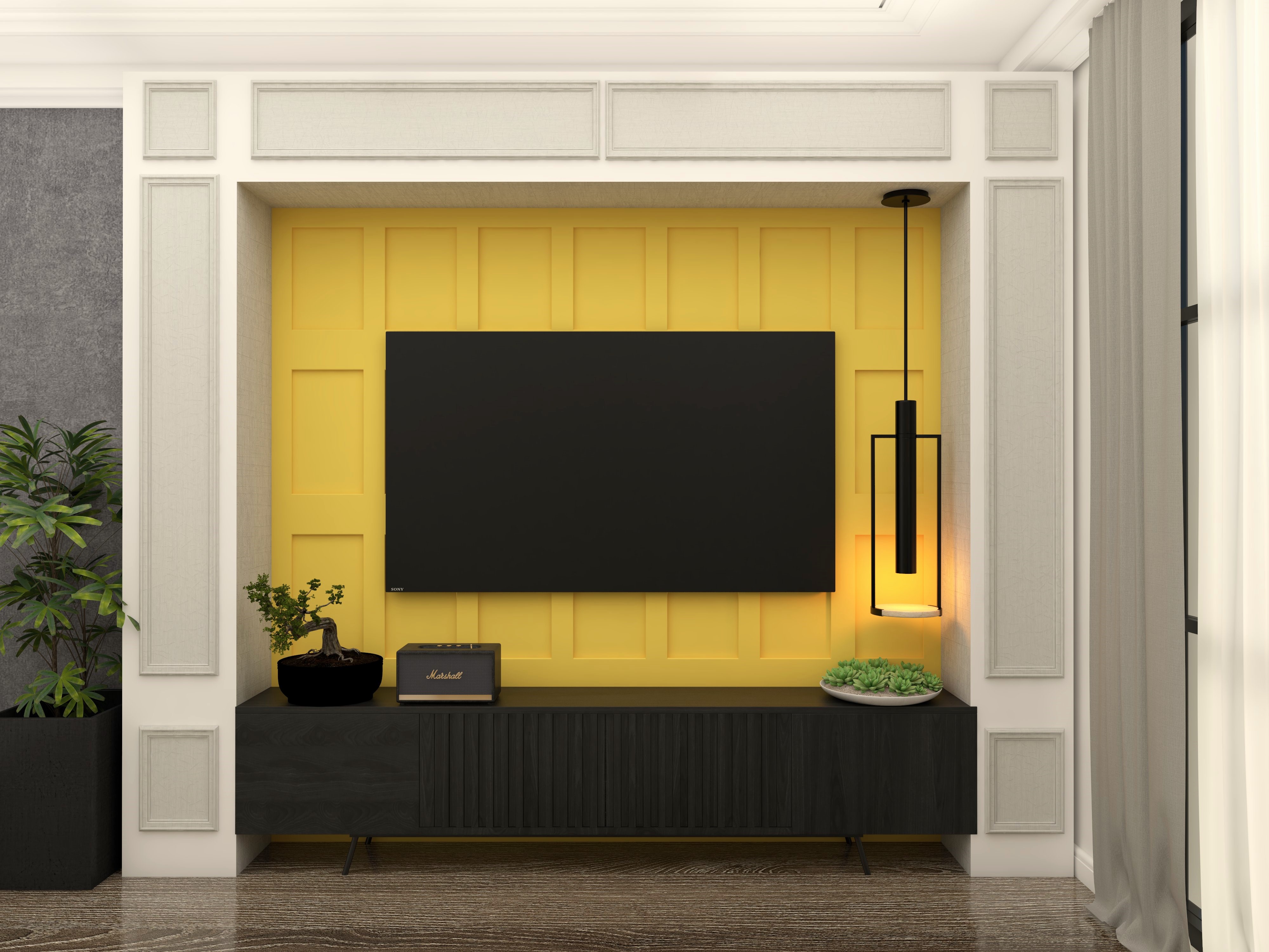 TV unit with yellow wall paneling and black fluted console unit-Beautiful Homes