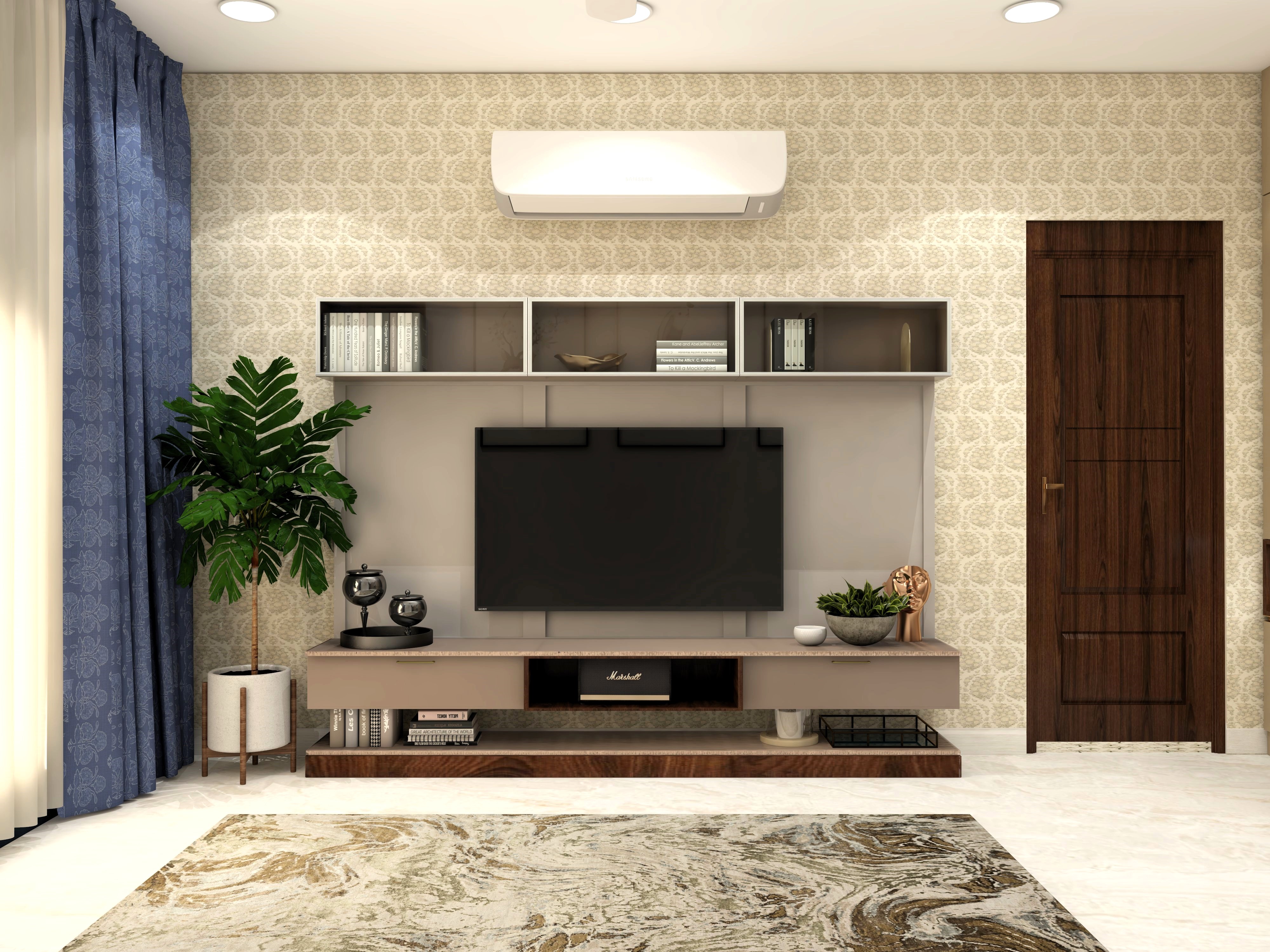 Wall mounted TV unit with intricate pattern wallpaper-Beautiful Homes