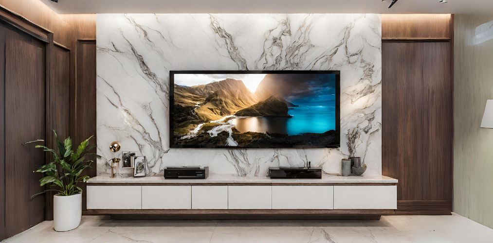 Wall mounted TV unit with marble accent wall - Beautiful Homes