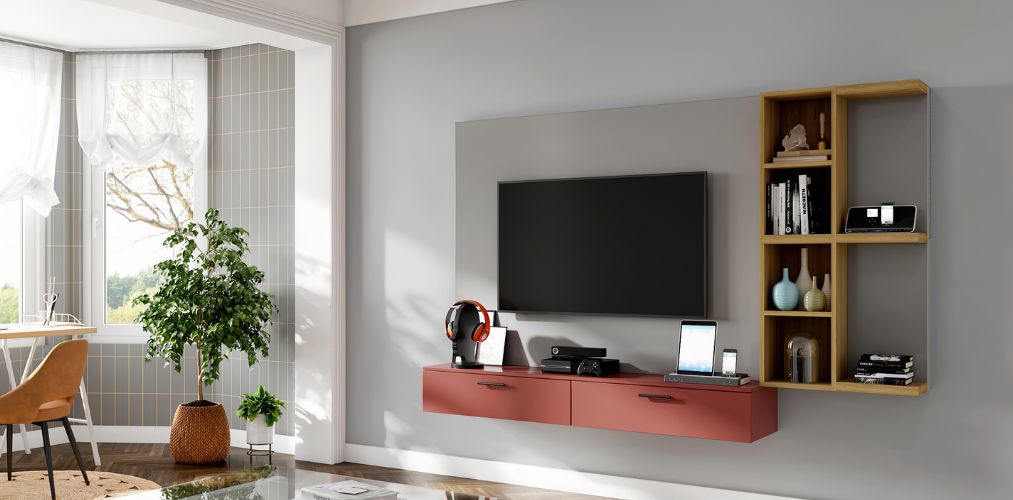 Wall mounted TV unit design with red drawers-Beautiful Homes