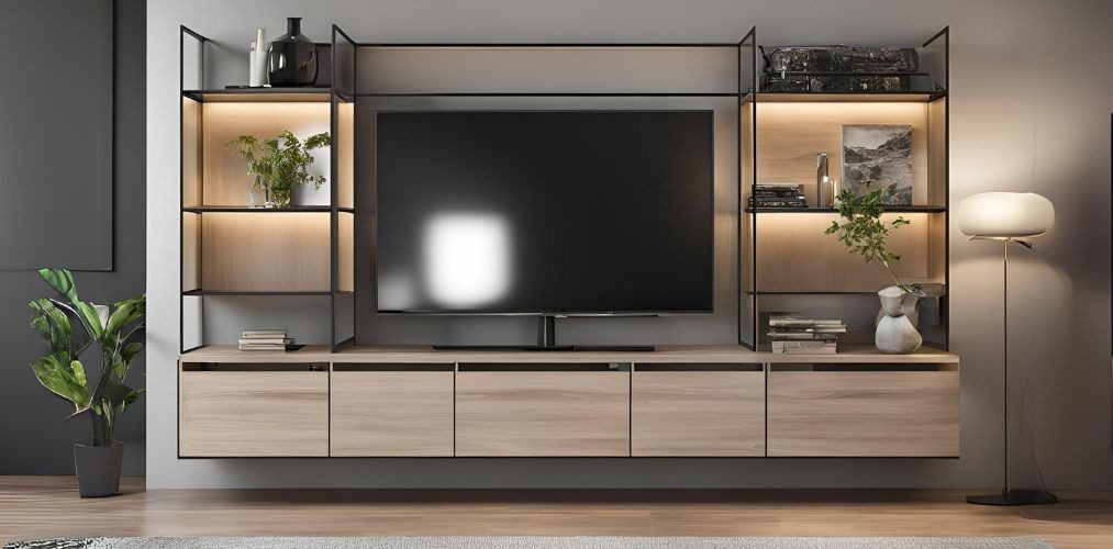 Wall mounted wooden TV unit with metal shelves - Beautiful Homes