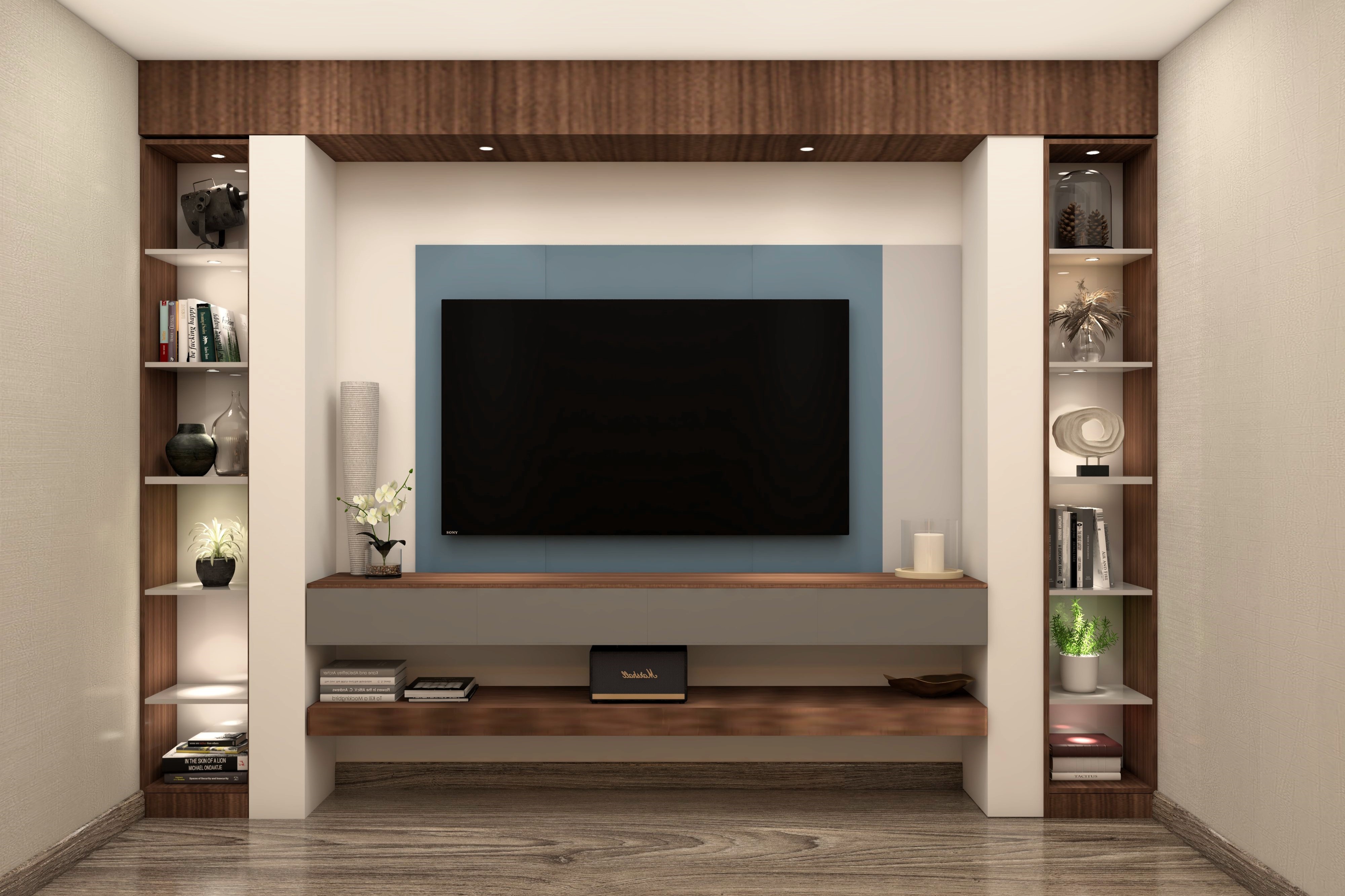 White and brown TV unit with built-in shelves-Beautiful Homes