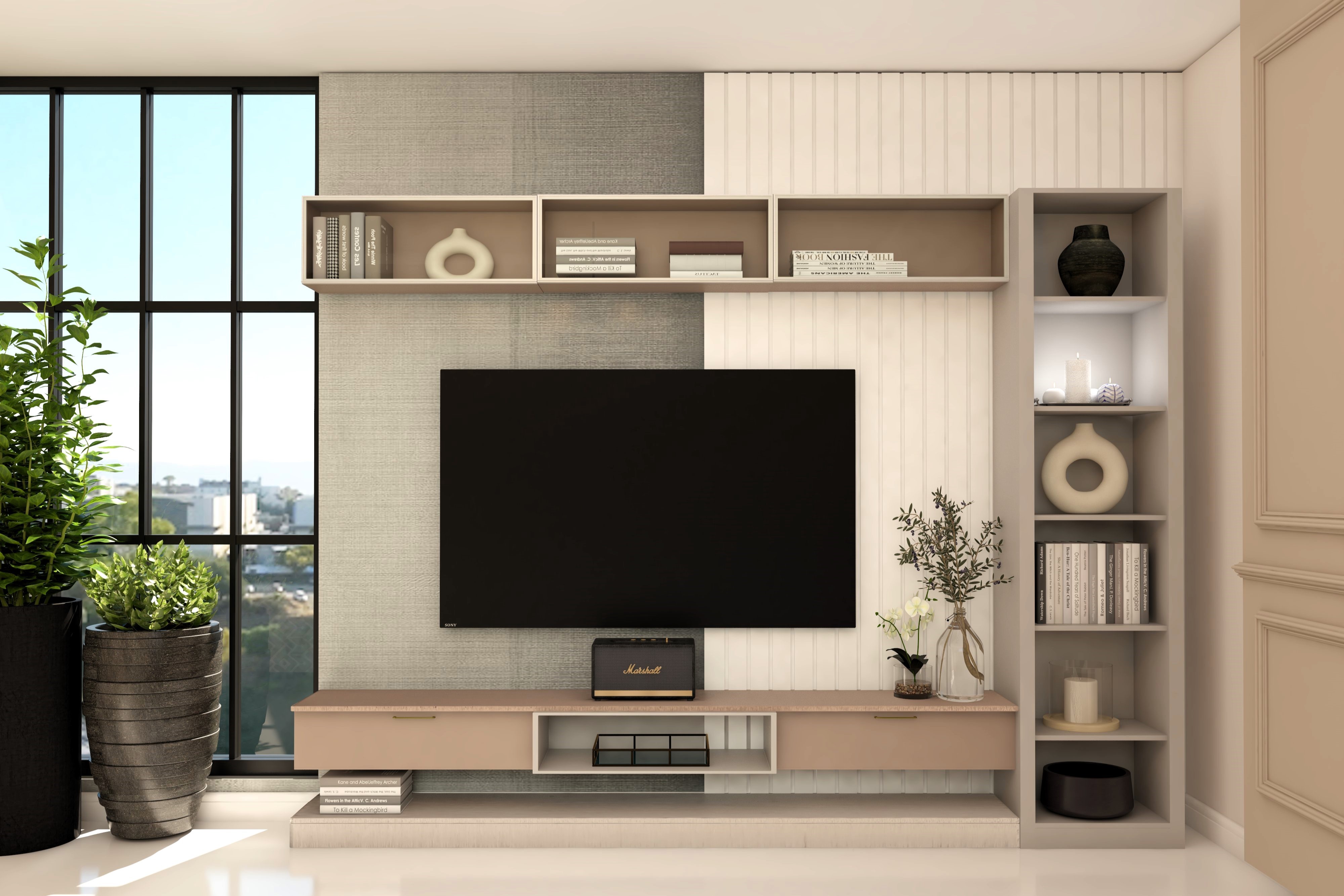 White and grey modular TV unit with shelves and drawers-Beautiful Homes
