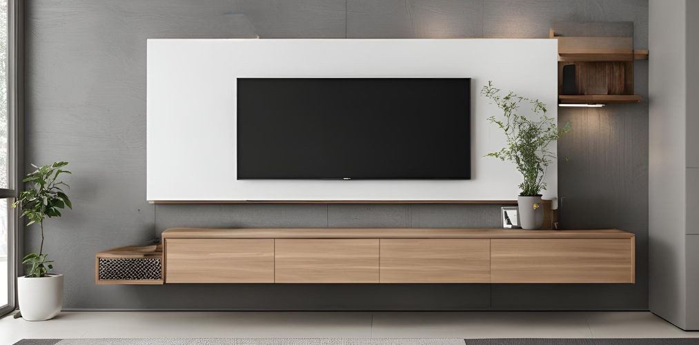 White and wood wall mounted TV unit with grey textured wall - Beautiful Homes