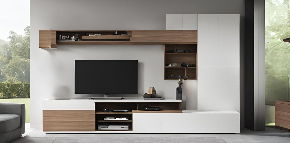 White and wooden TV unit with integrated wardrobe-Beautiful HomesWhite and wooden TV unit with integrated wardrobe - Beautiful Homes