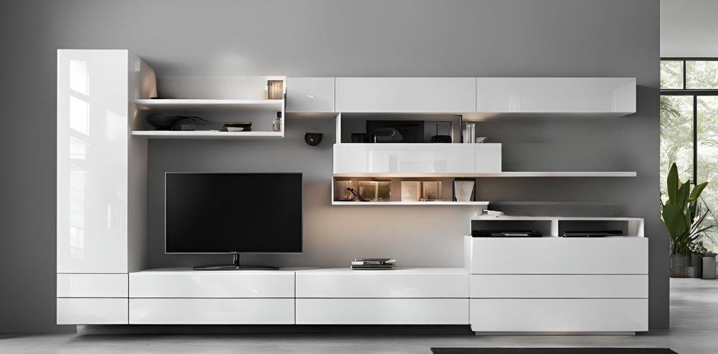 White high-gloss TV unit with drawers and open racks - Beautiful Homes