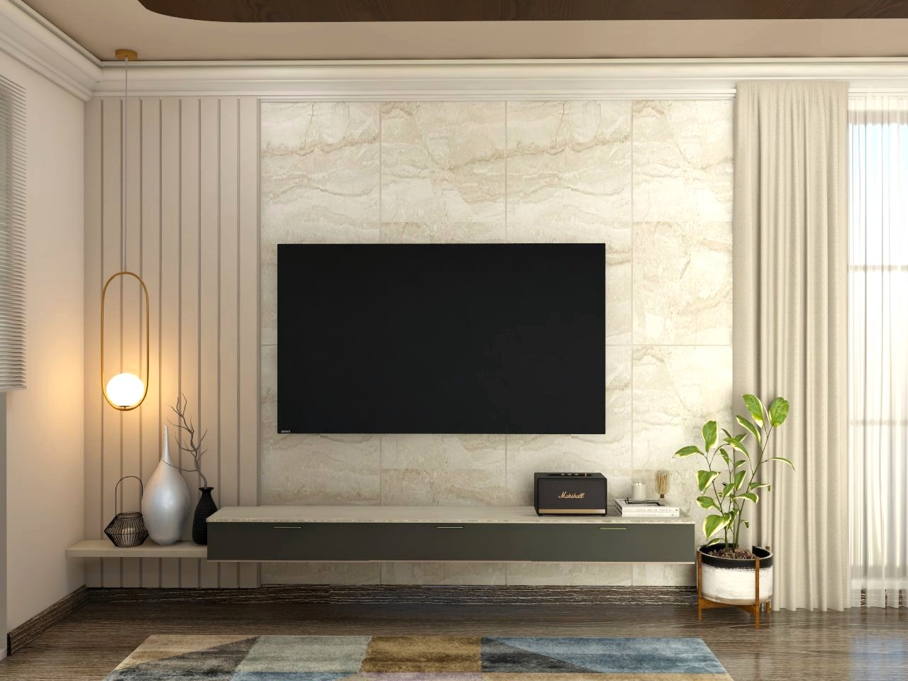 White marble TV unit with vertical paneling - Beautiful Homes