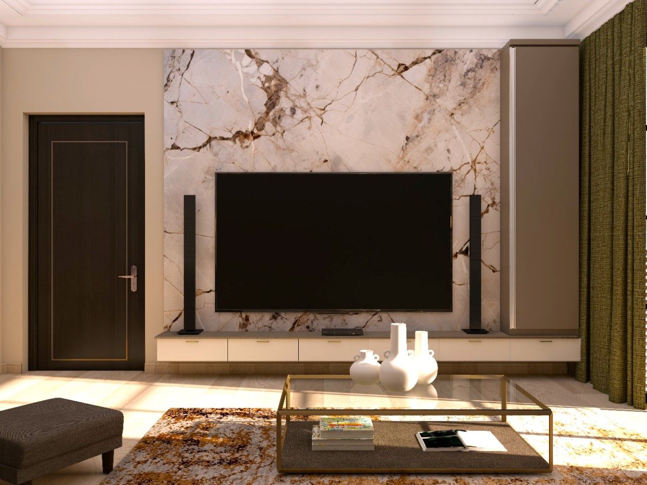 White marble with brown veins for TV unit wall - Beautiful Homes