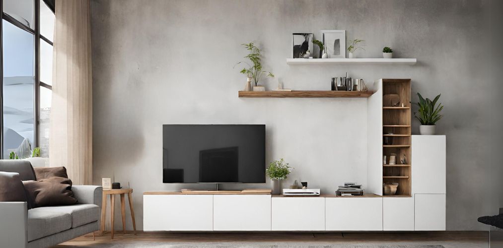White TV unit with console and wooden open unit-Beautiful Homes
