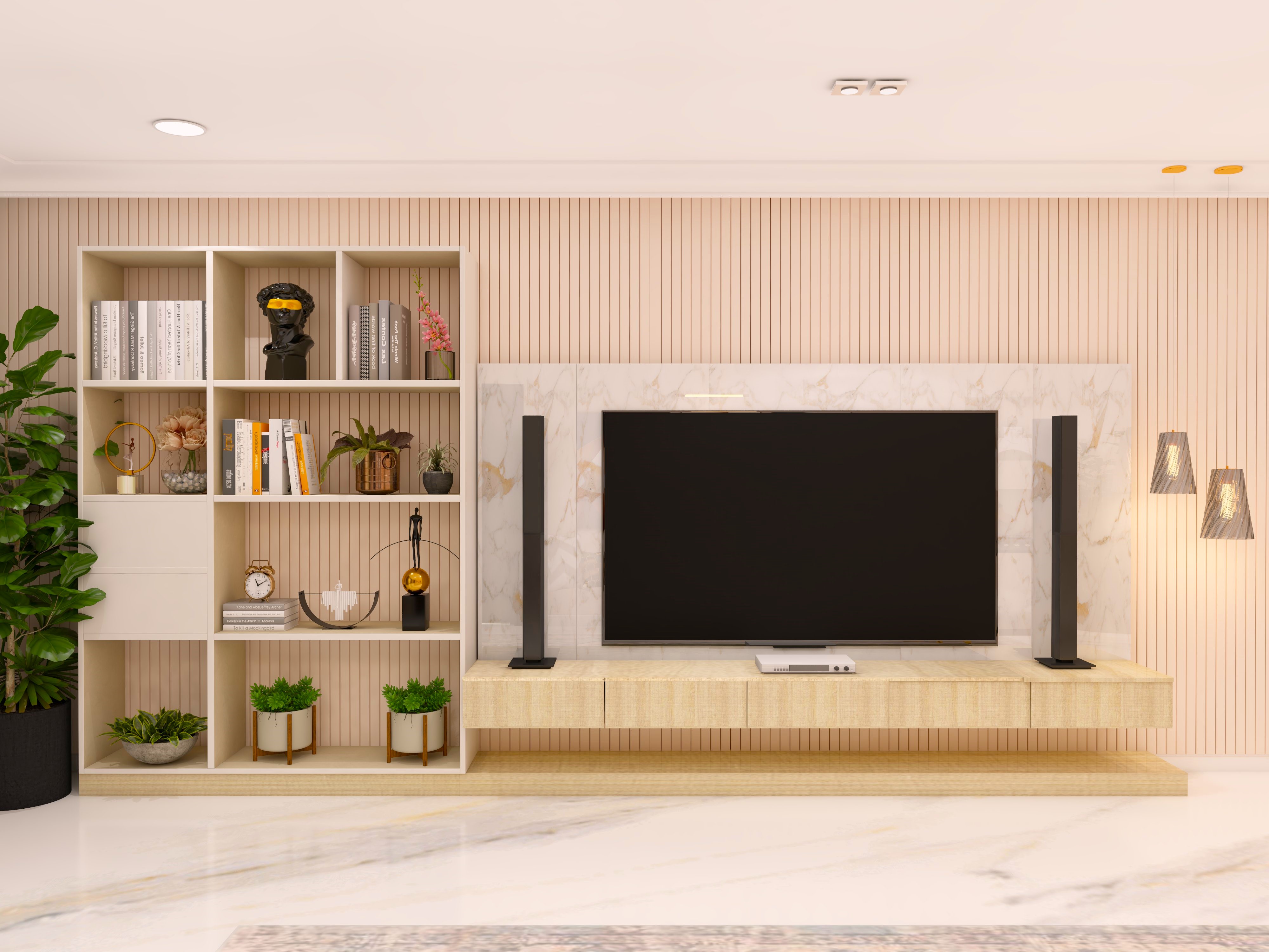 White TV unit with rafter paneling and shelves-Beautiful Homes