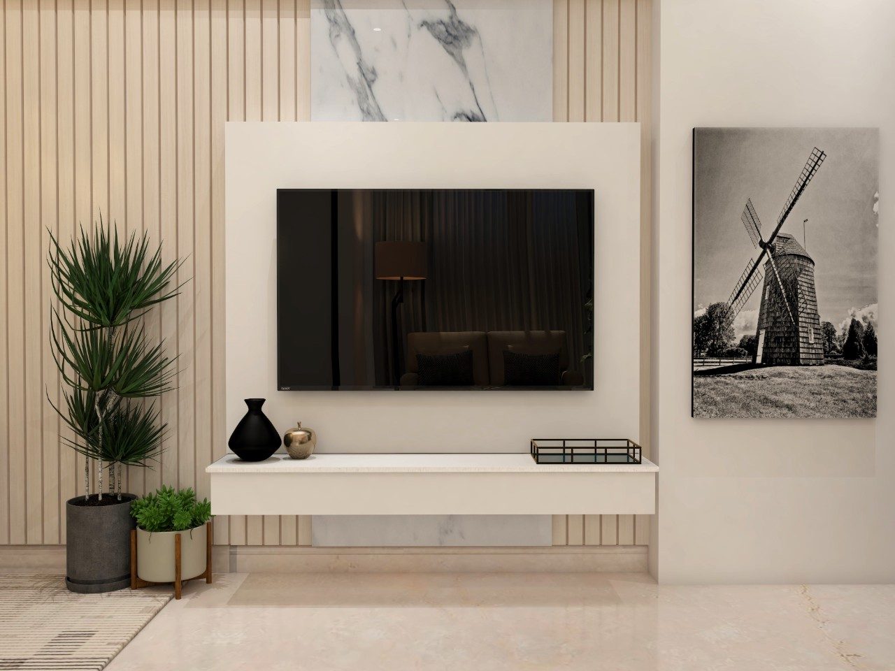 White wall mounted TV unit with marble and rafter paneling-Beautiful Homes