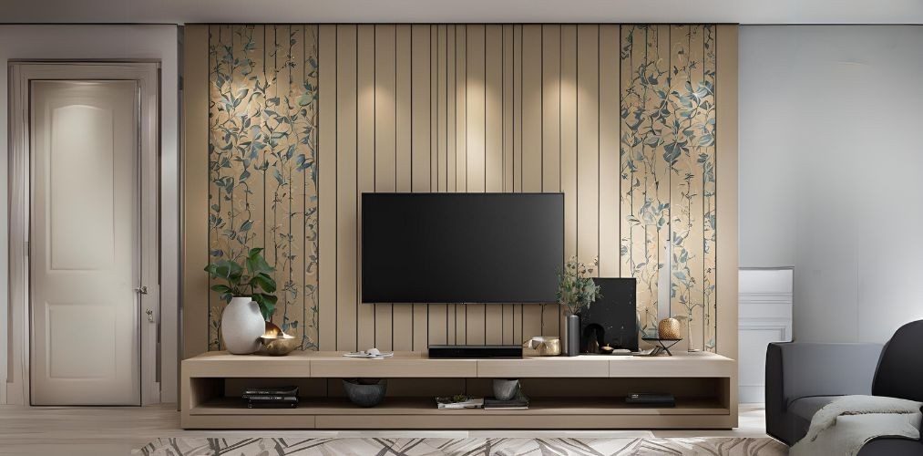 Wooden laminate TV unit with floral wallpaper on sides - Beautiful Homes