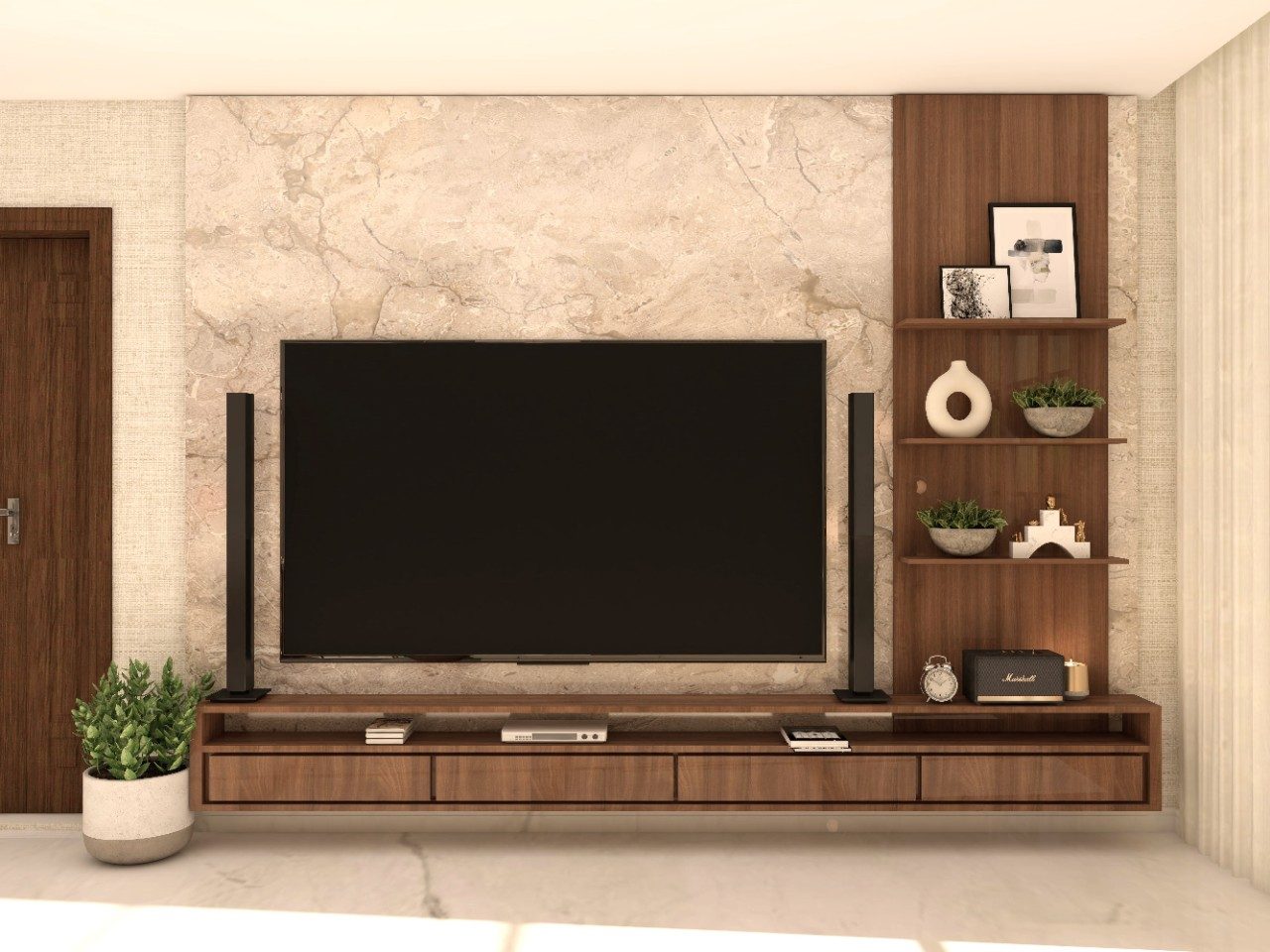 Wooden modular TV unit with marble wall tile-Beautiful Homes