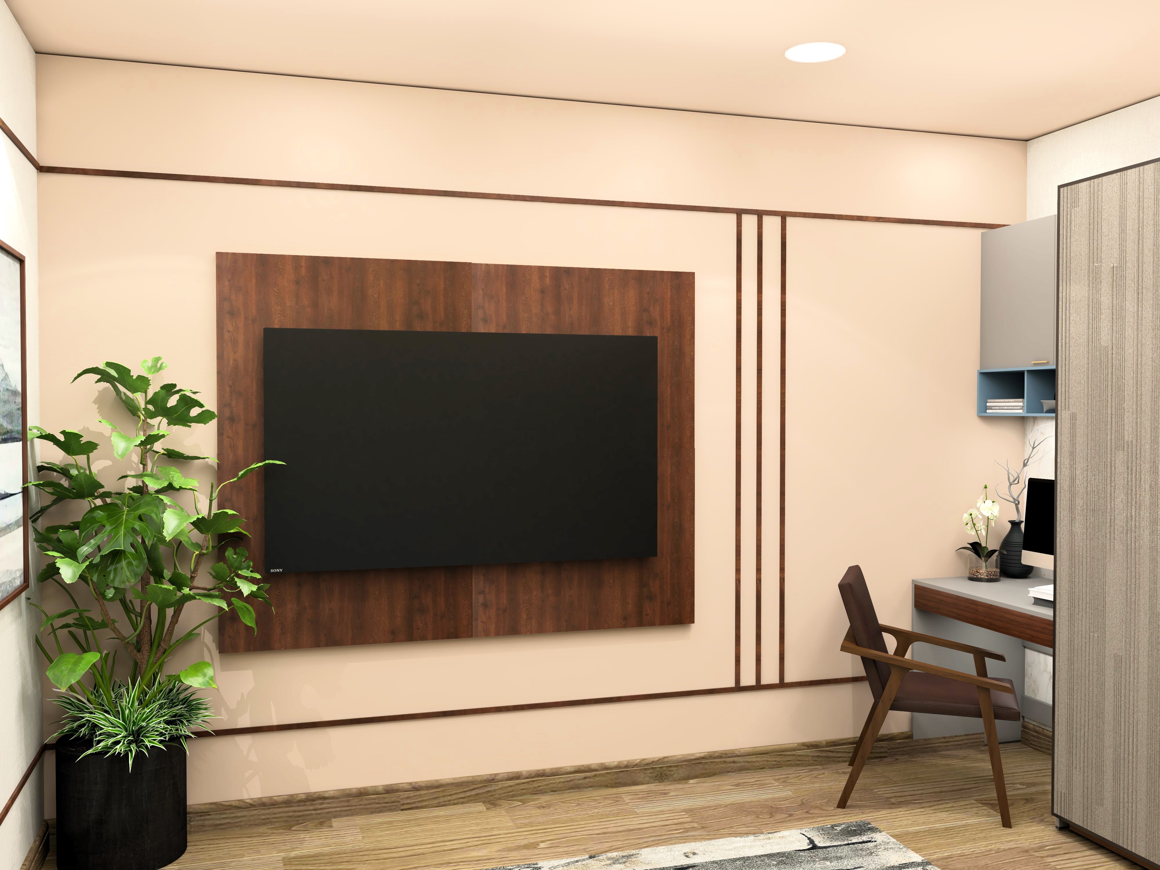 Wooden TV unit back panel with indoor plant-Beautiful Homes