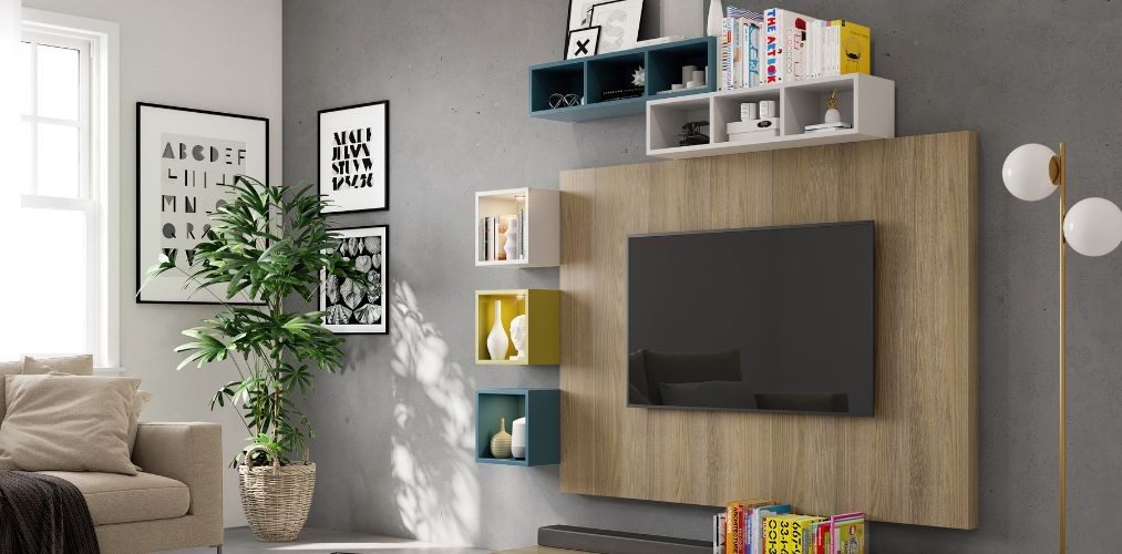 Wooden TV unit design with colorful shelves-Beautiful Homes