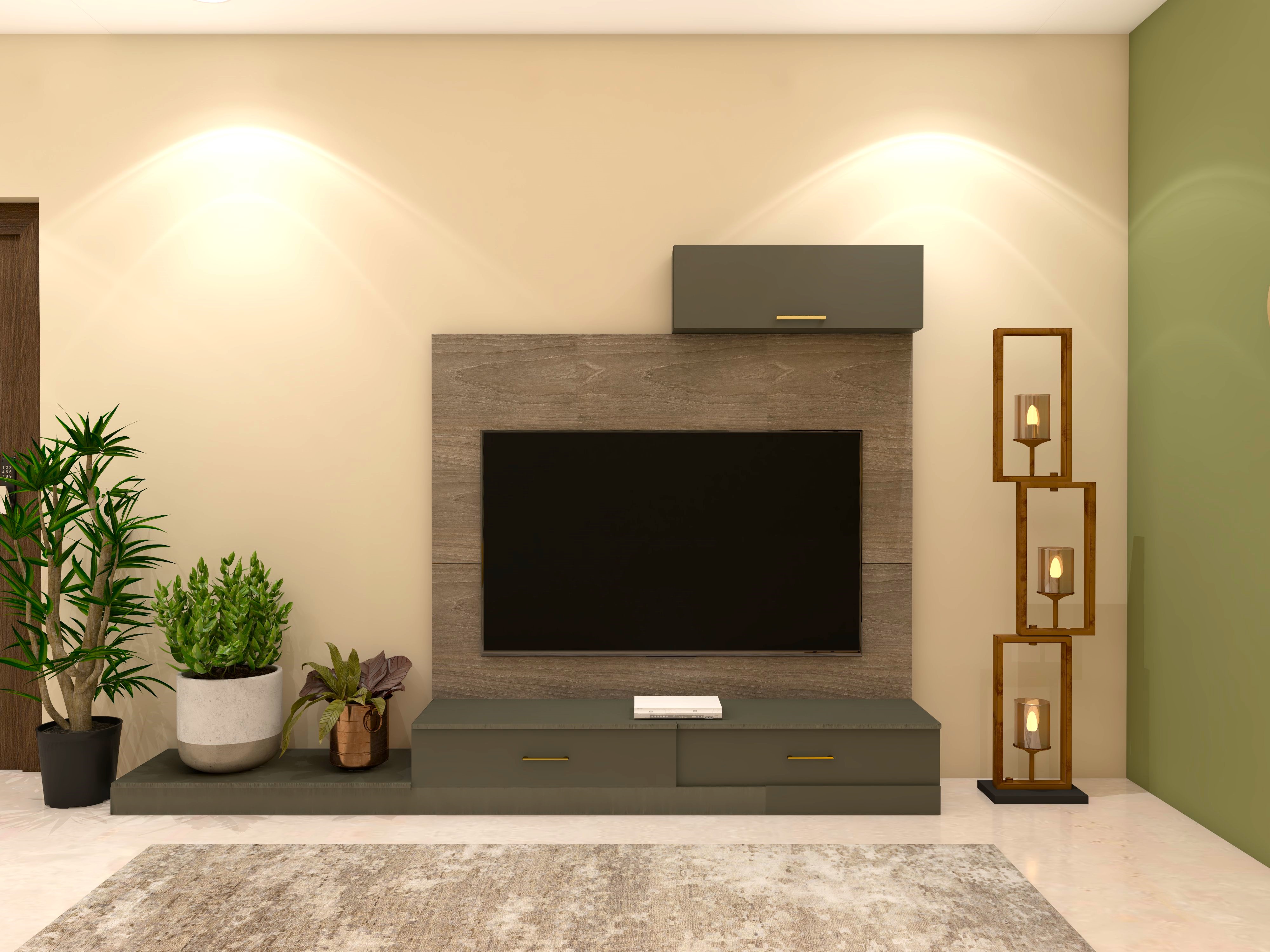 Wooden TV unit design with drawers and plants-Beautiful Homes