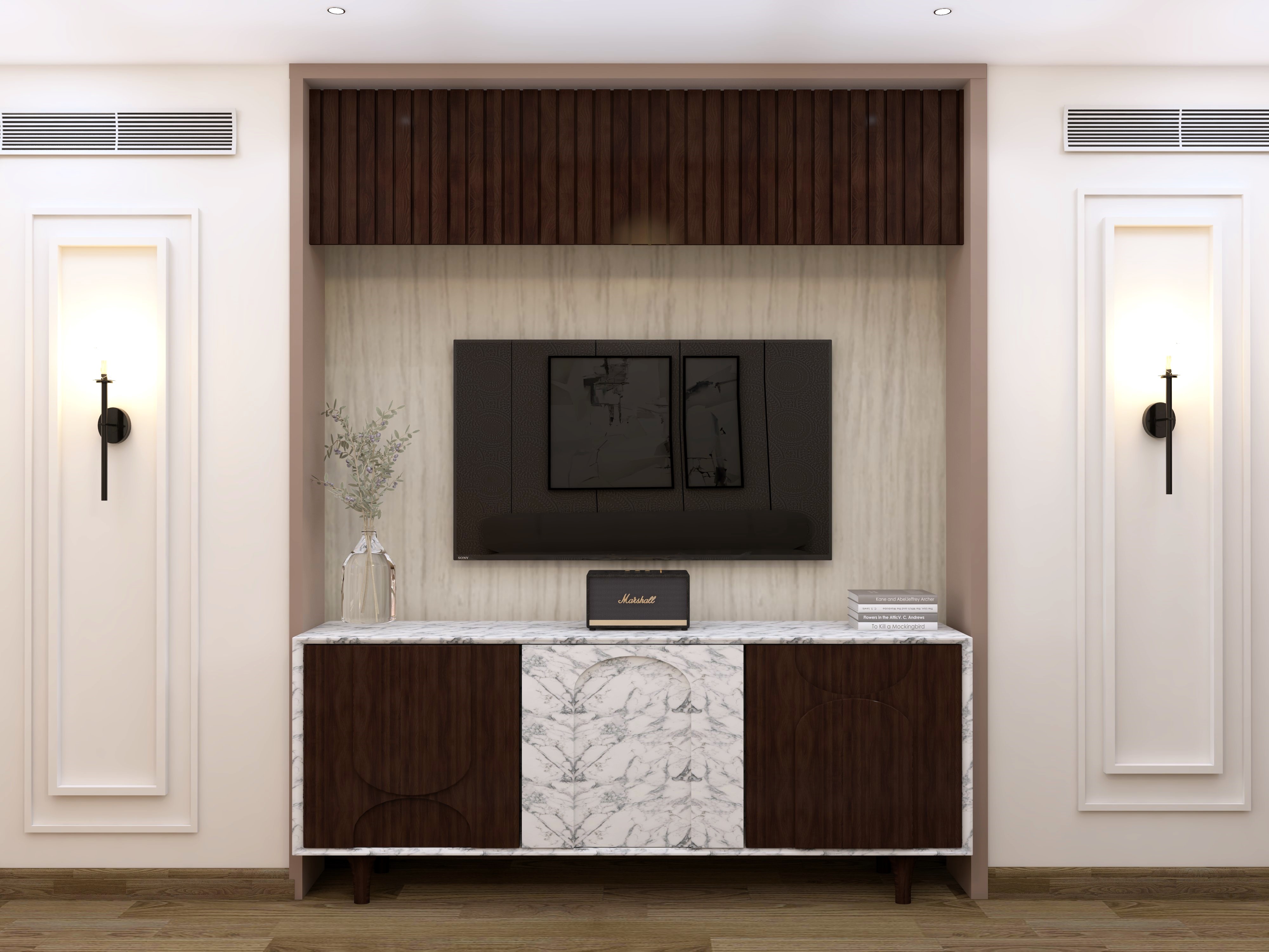 Wooden TV unit wall with wall lamps - Beautiful Homes