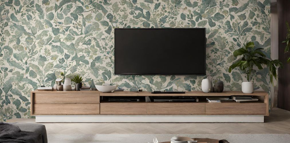 Wooden TV unit with a tropical wallpaper-Beautiful Homes