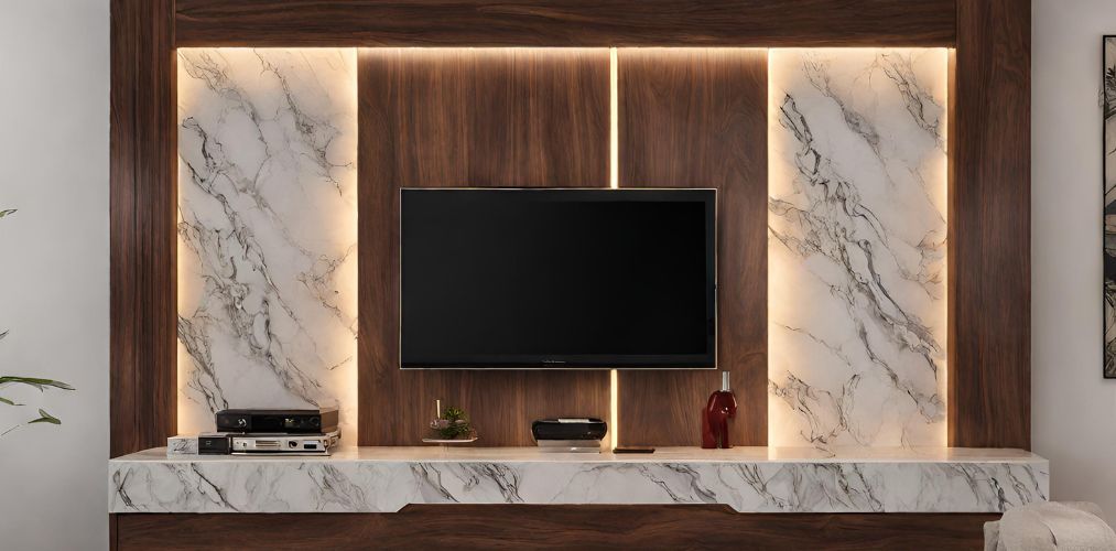 Wooden TV unit with backlit marble panel - Beautiful Homes