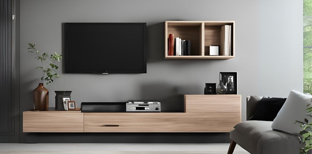 Wooden TV unit with box shelf and grey wall - Beautiful Homes