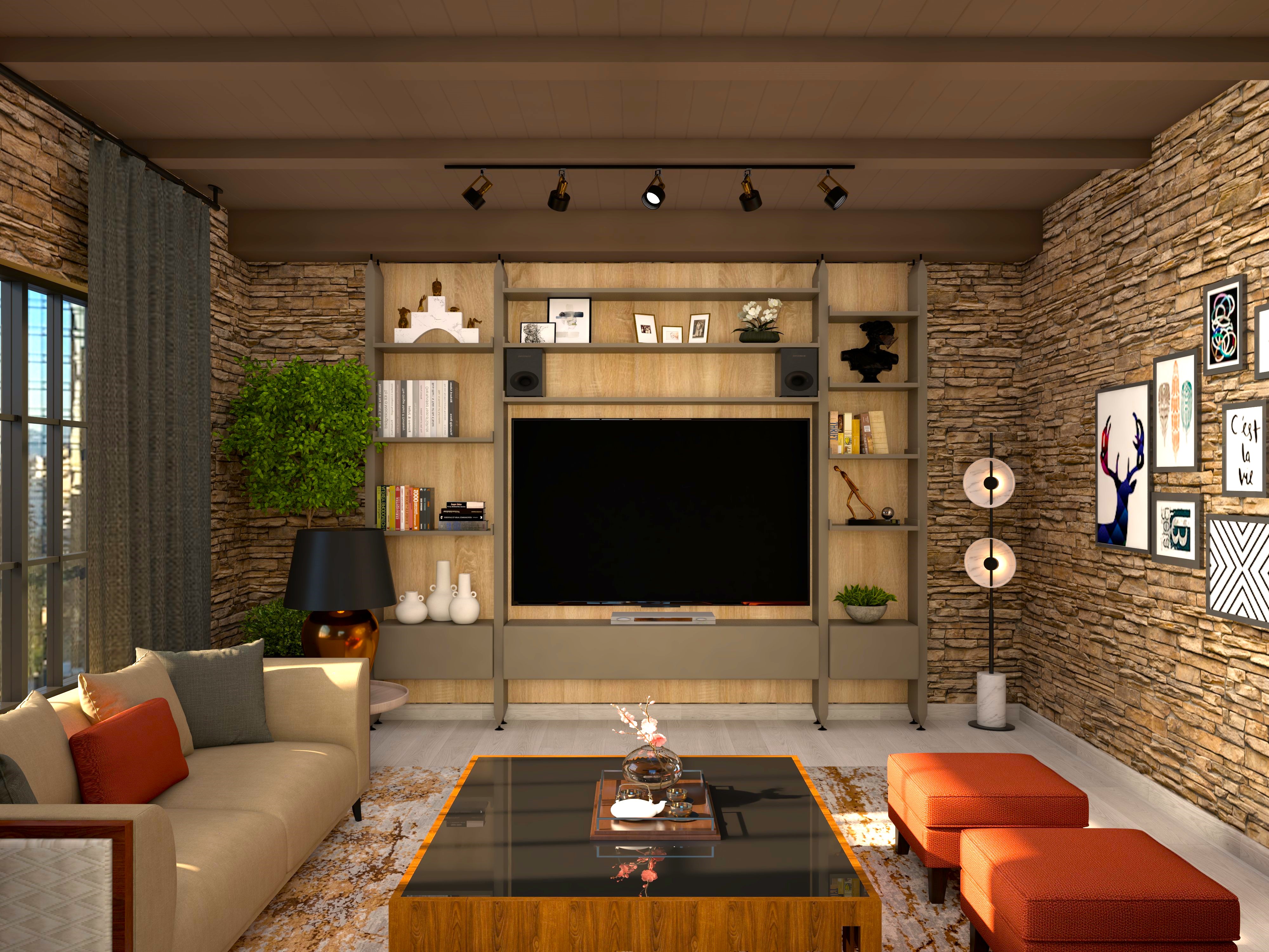 Wooden TV unit with exposed stone cladding-Beautiful Homes