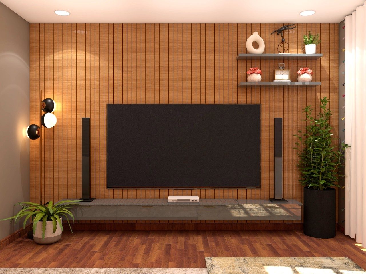 Wooden TV unit with floating shelves and drawers-Beautiful Homes