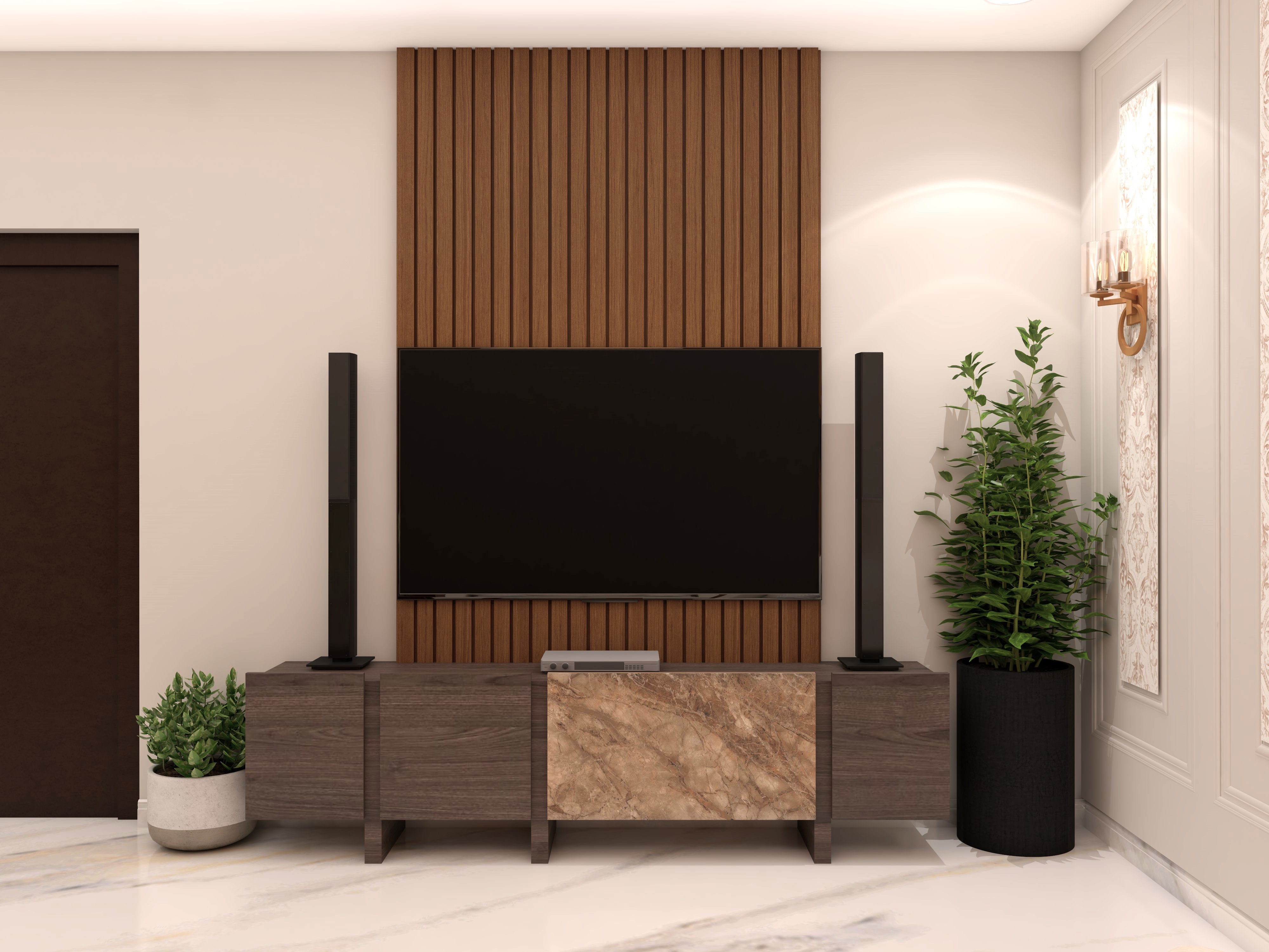 Wooden TV unit with fluted paneling and console unit-Beautiful Homes