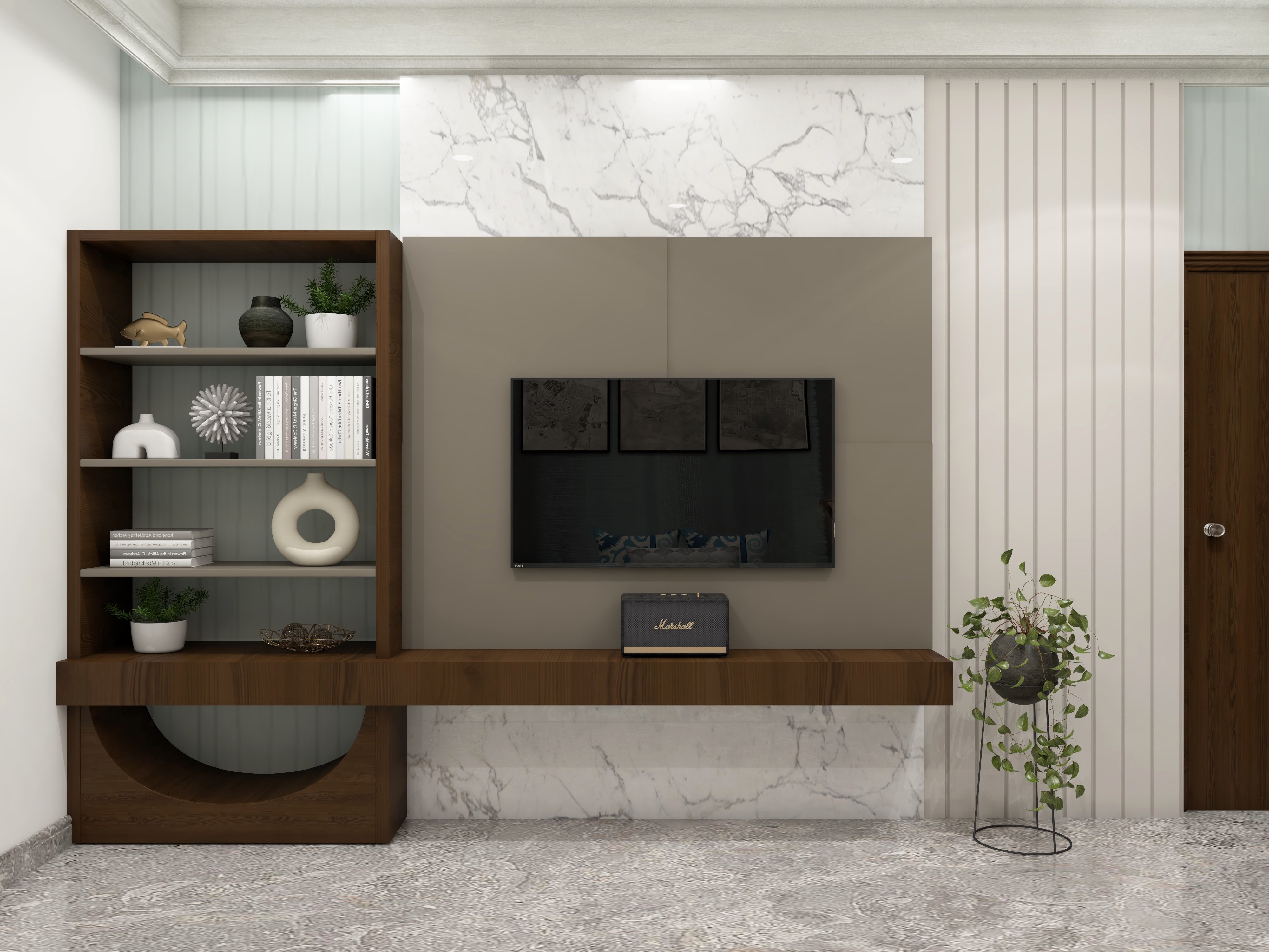 Wooden TV unit with marble backdrop-Beautiful Homes