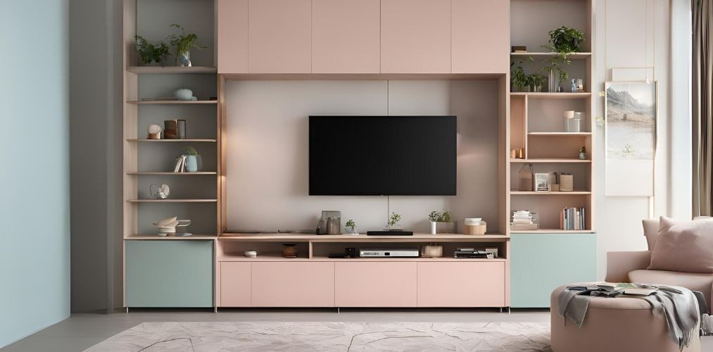 Wooden TV unit with pastel PU and shelves - Beautiful Homes