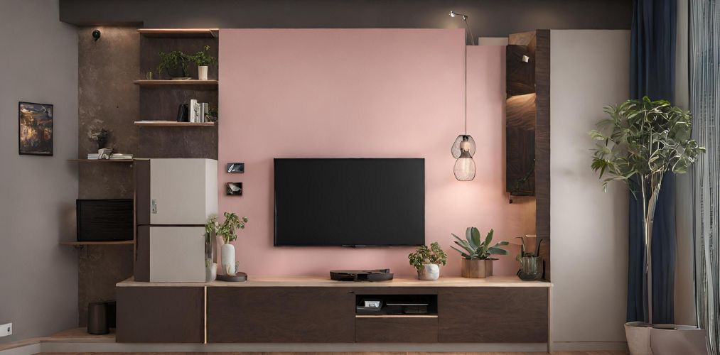 Wooden TV unit with pink accent wall - Beautiful Homes