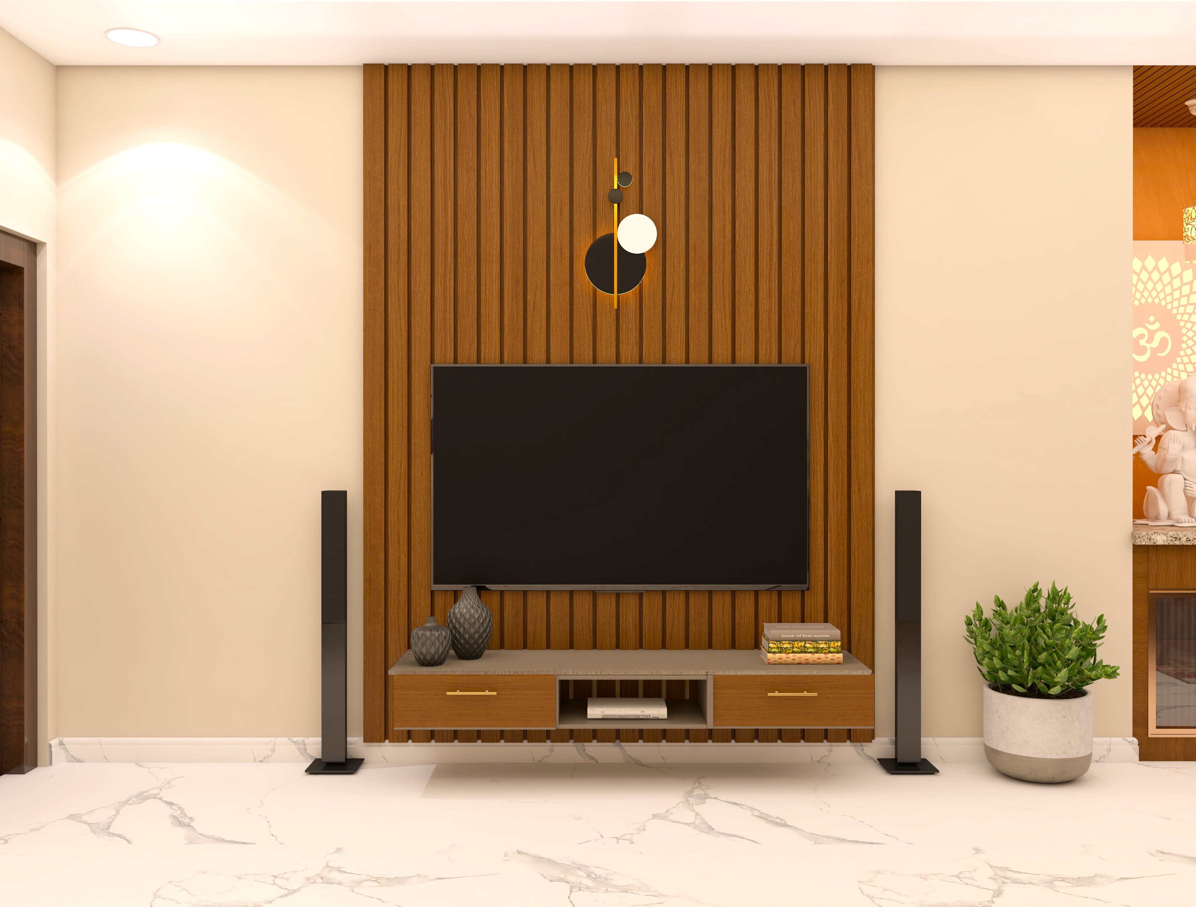 Wooden TV unit with rafter paneling and drawers-Beautiful Homes