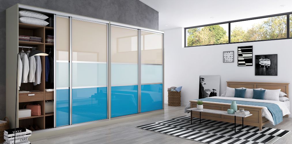Multicolour sliding wardrobe design with lacquered glass-Beautiful Homes