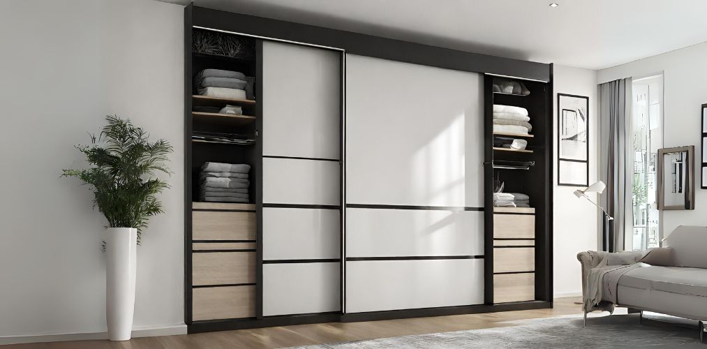 2 door white sliding wardrobe with wooden drawers - Beautiful Homes
