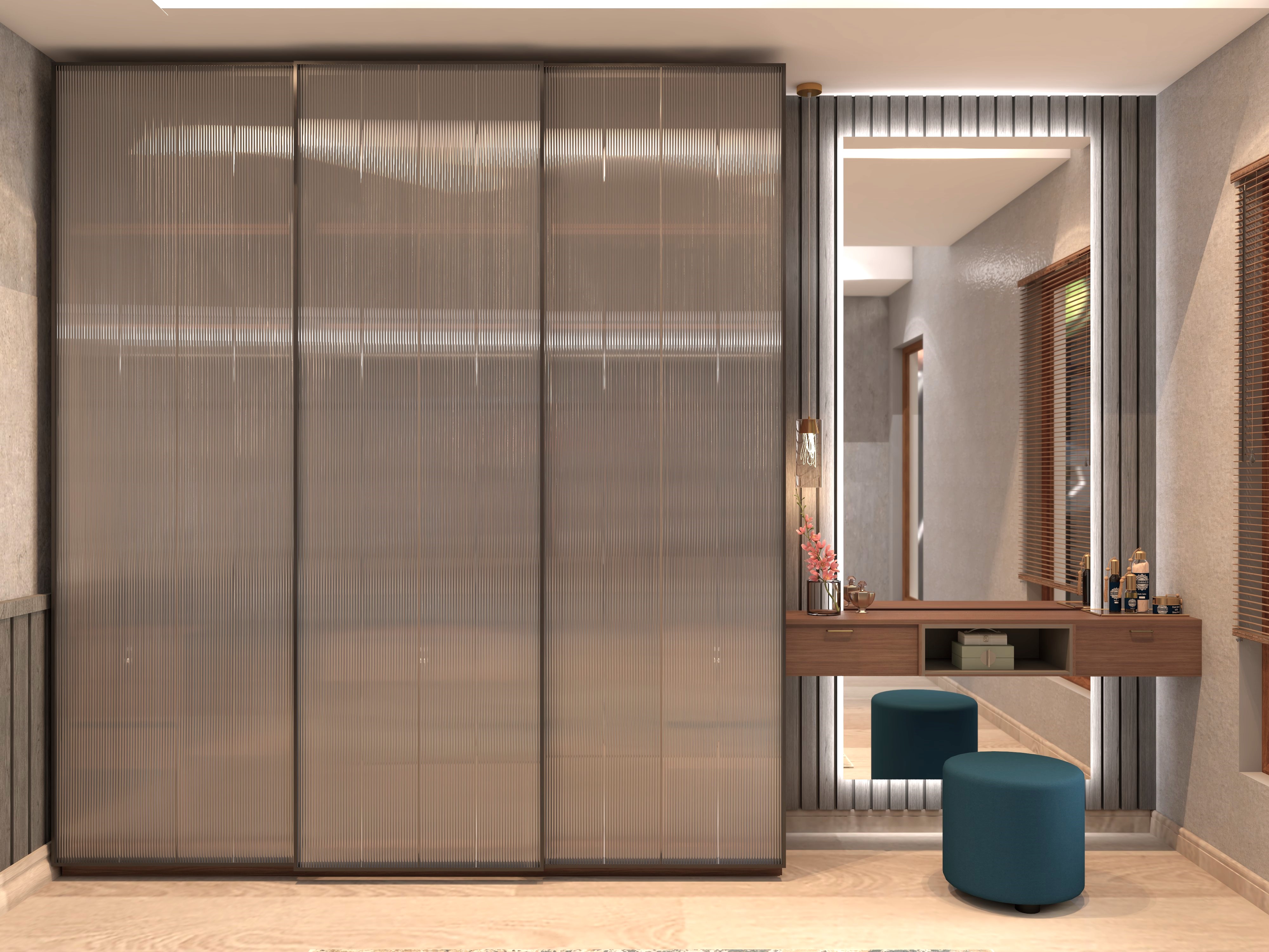 3-door sliding wardrobe with grey dressing unit and backlit mirror-Beautiful Homes