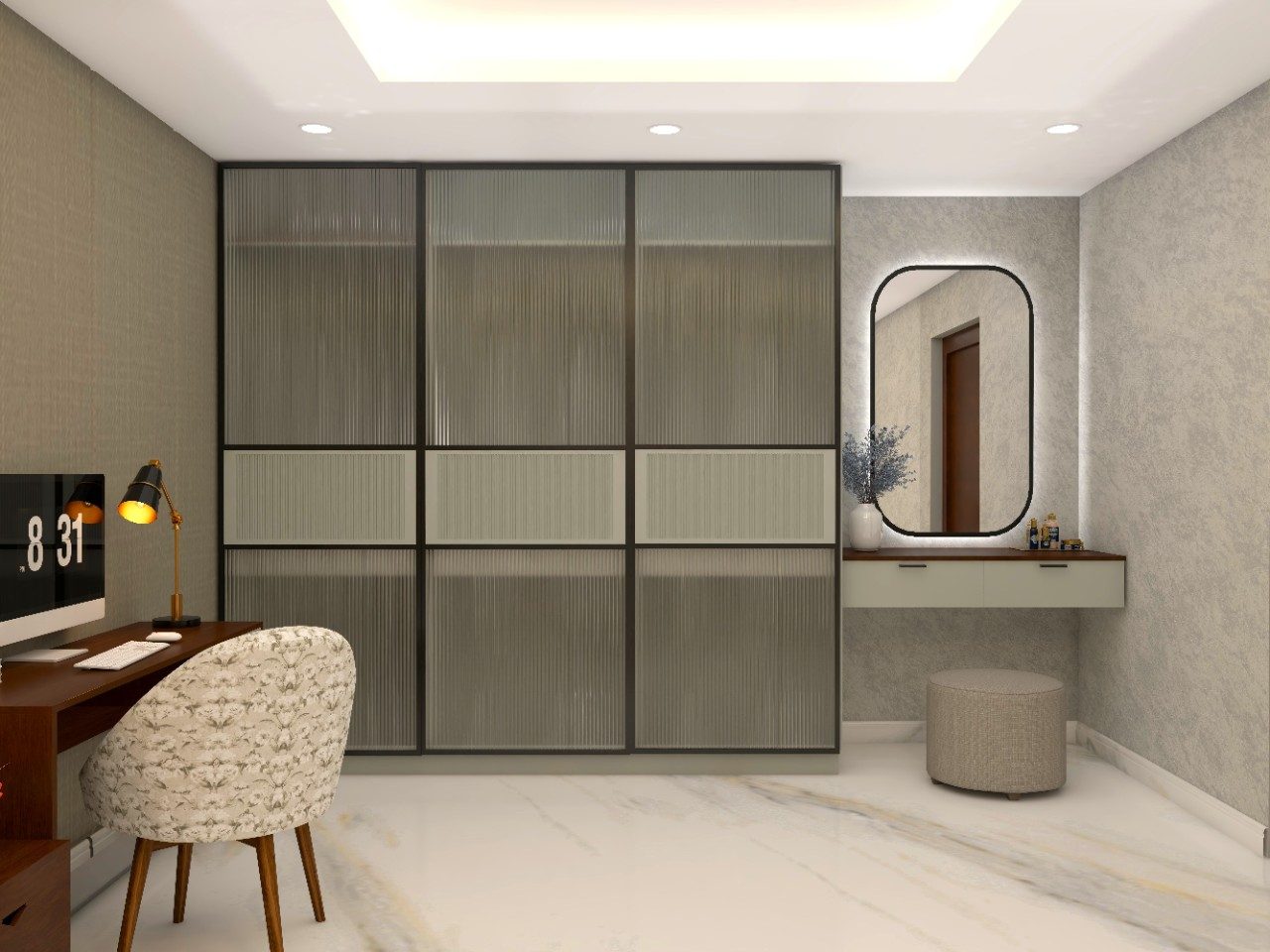 Fluted glass sliding wardrobe with dressing table-Beautiful Homes