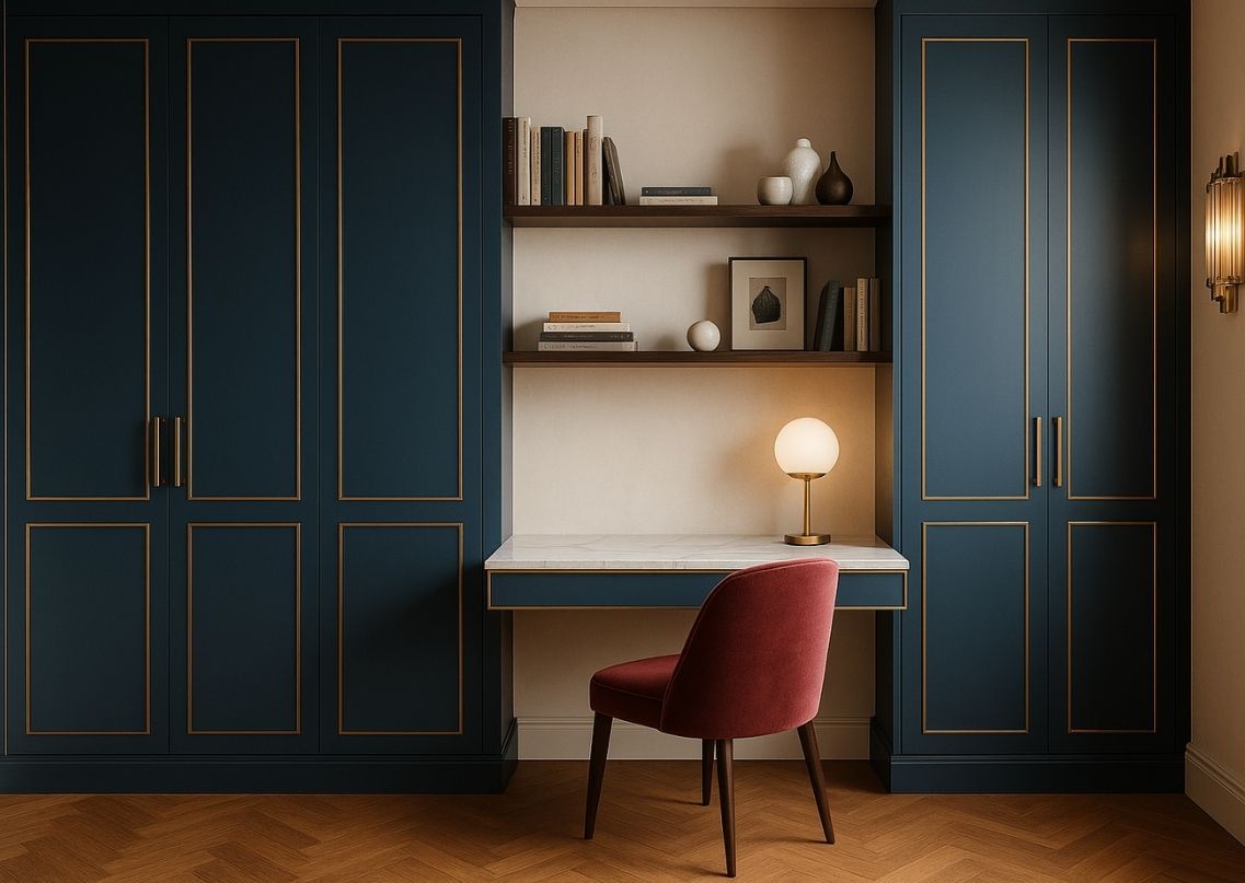 Modern study room with blue walls and elegant décor - Beautiful Homes