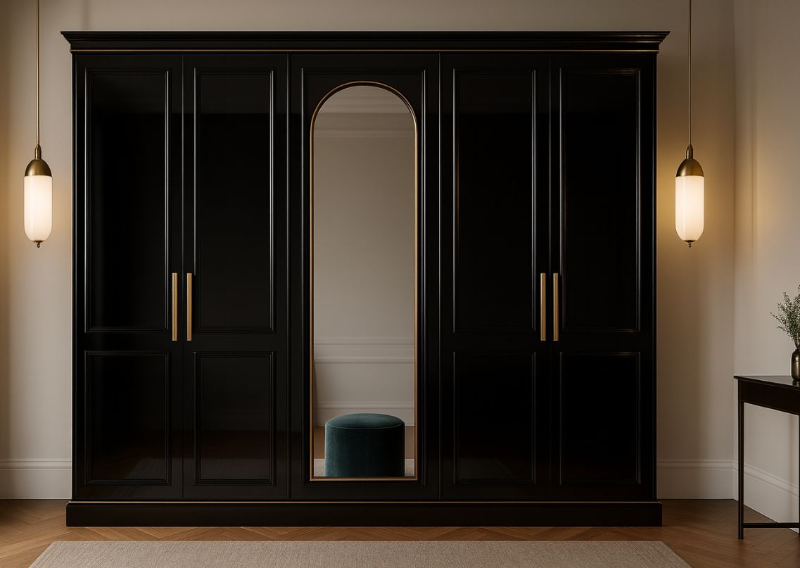 Black wardrobe with gold handles and mirror - Beautiful Homes
