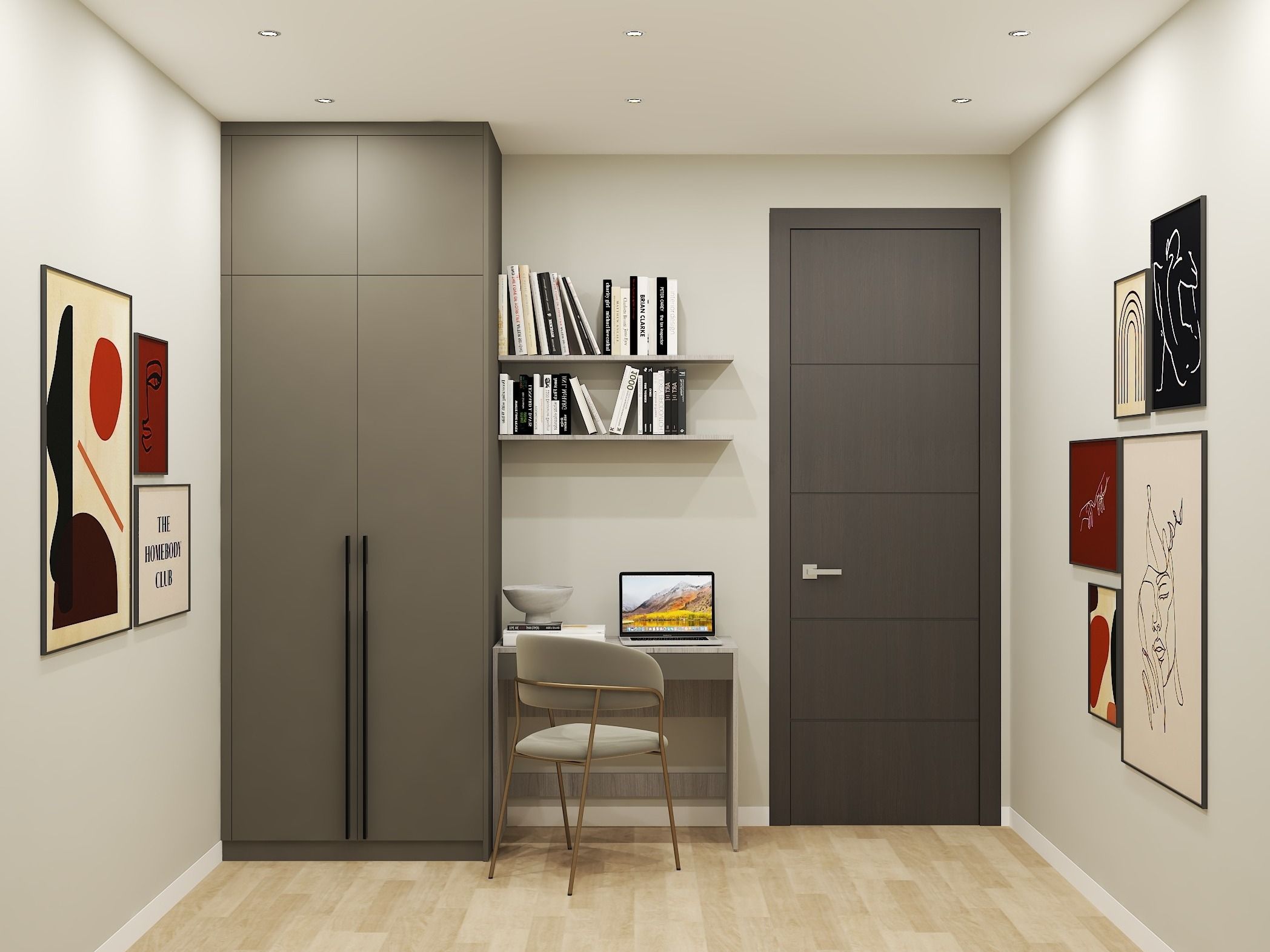 Floor-to-ceiling wardrobe in dark gray with integrated desk and floating shelves - Beautiful Homes