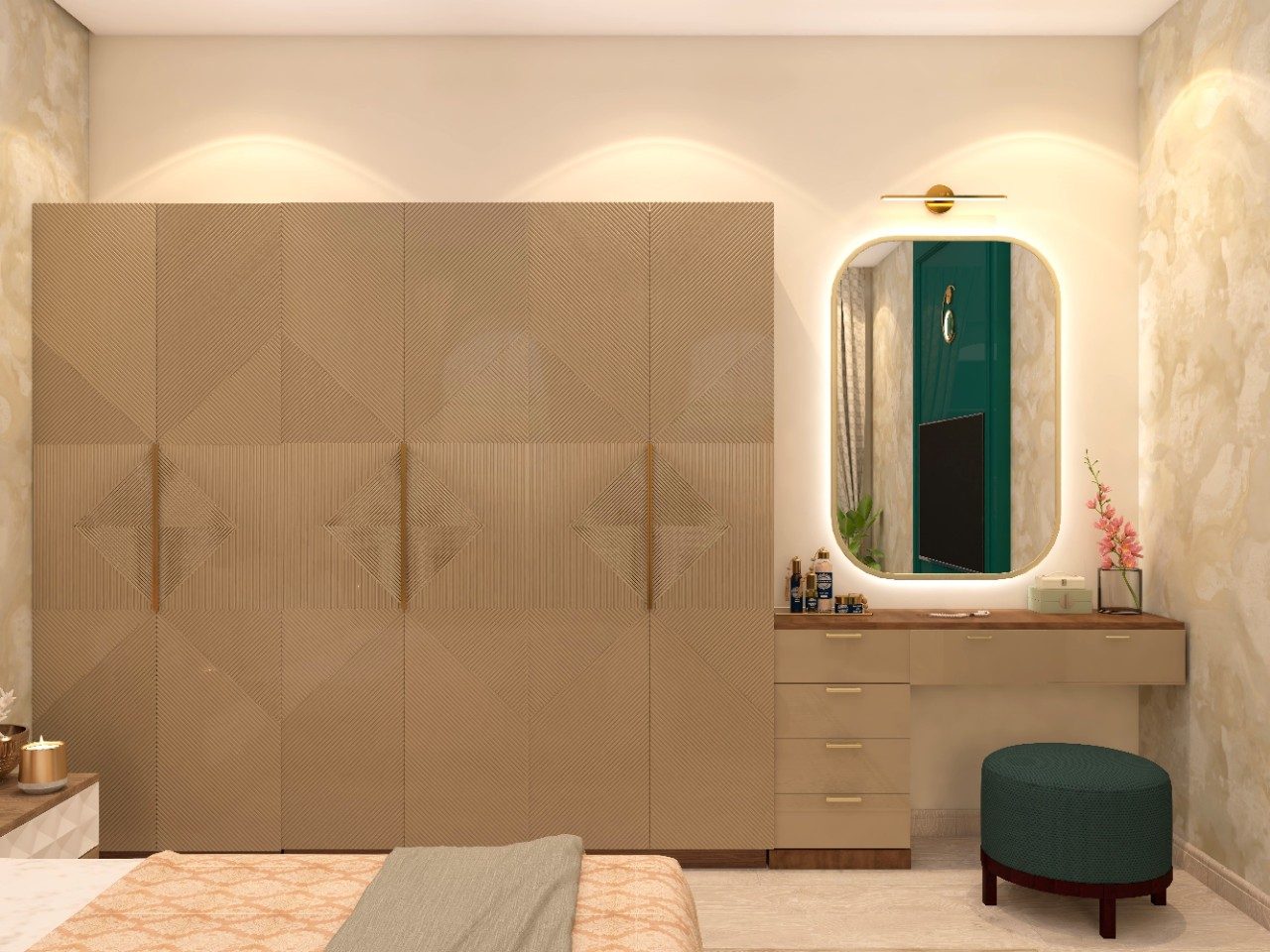 Beige textured laminated wardrobe with dressing area-Beautiful Homes