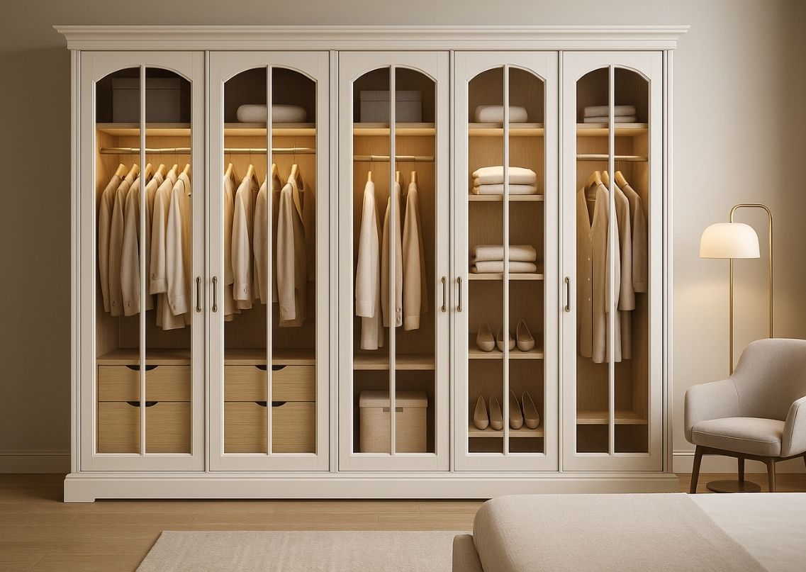 Modern sliding wardrobe with glass doors and lighting - Beautiful Homes