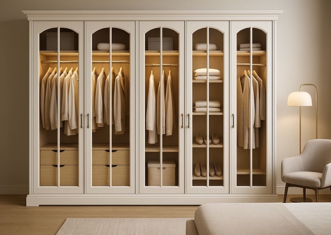 Modern sliding wardrobe with glass doors and lighting - Beautiful Homes